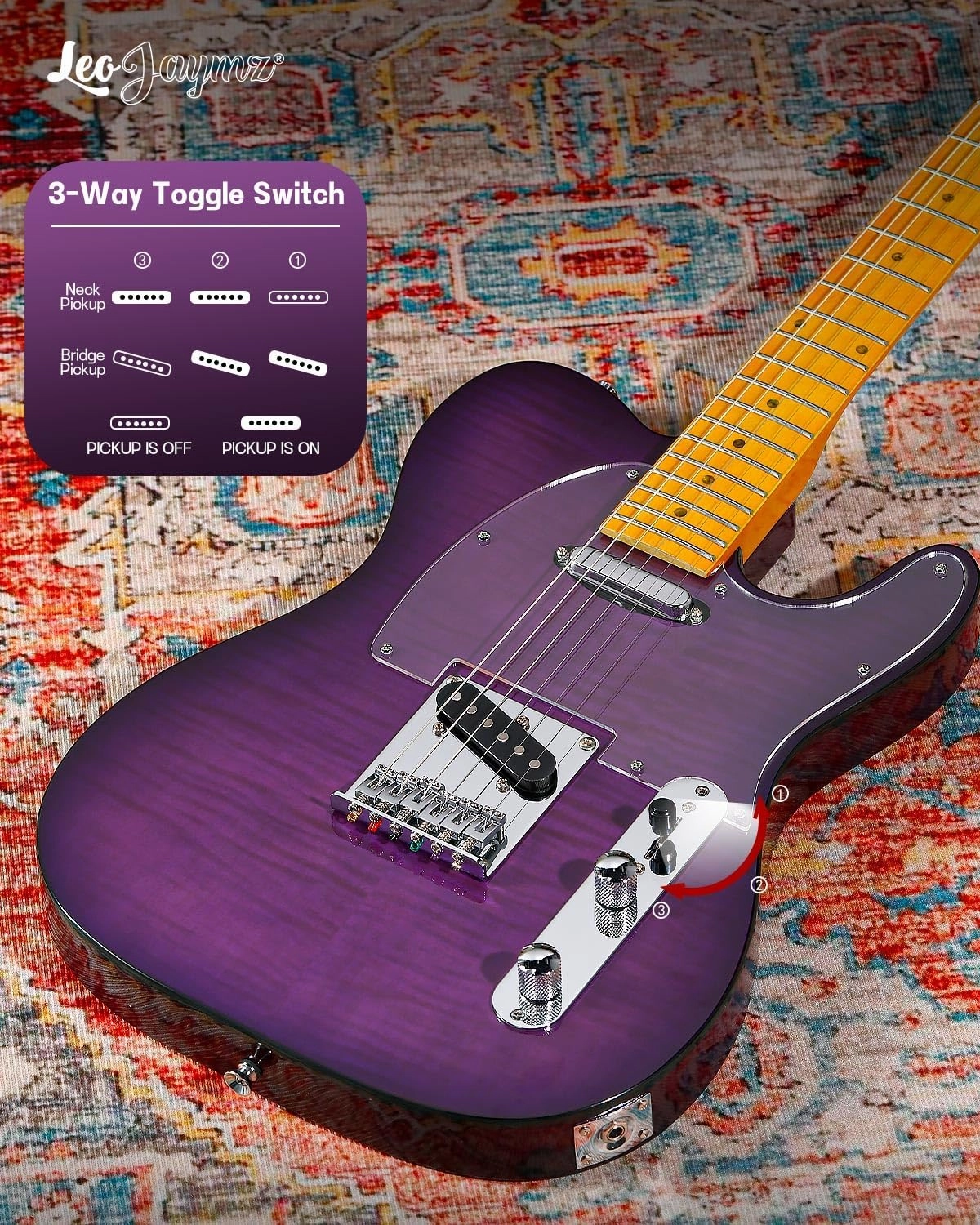 Leo Jaymz TL Style Electric Guitar with Flame Maple Top - High Gloss Mahogany Body and Hard Maple Neck - High Transparent Acrylic Pickguard (Transparent Purple, Deluxe)