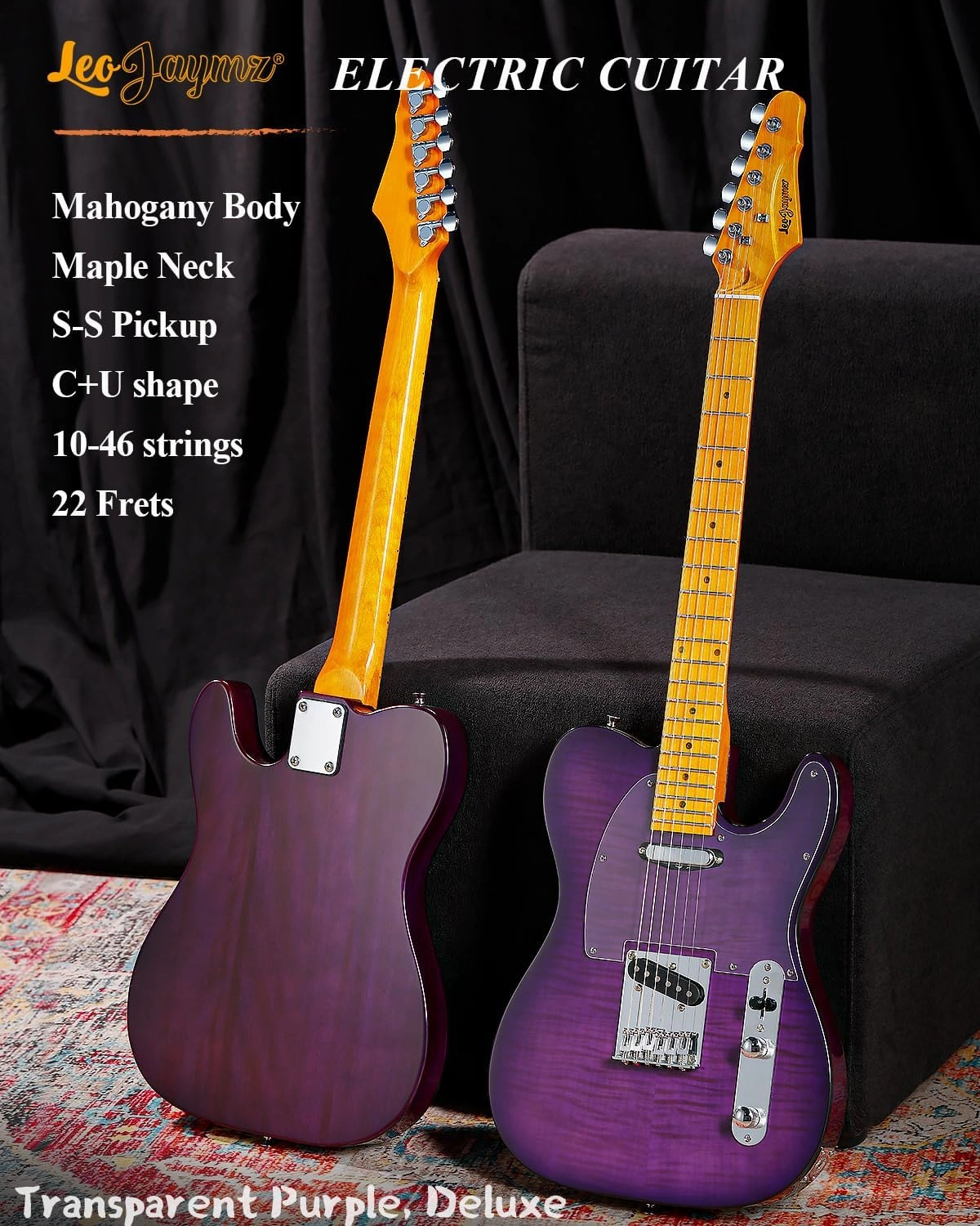Leo Jaymz TL Style Electric Guitar with Flame Maple Top - High Gloss Mahogany Body and Hard Maple Neck - High Transparent Acrylic Pickguard (Transparent Purple, Deluxe)