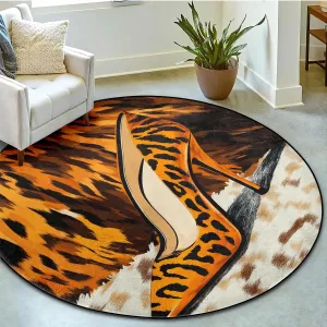 Leopard Printed Collection Area Rug - 5'X5' Round, High-Heeled Shoes Pattern Design, Easy Care, Cowhide Carpet Ideal for High Traffic Areas in Living Room, Bedroom