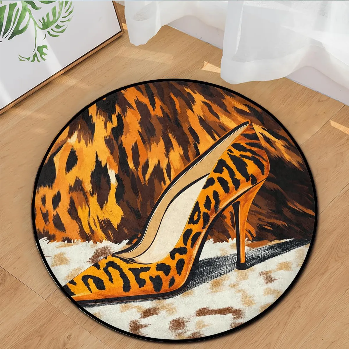 Leopard Printed Collection Area Rug - 5'X5' Round, High-Heeled Shoes Pattern Design, Easy Care, Cowhide Carpet Ideal for High Traffic Areas in Living Room, Bedroom