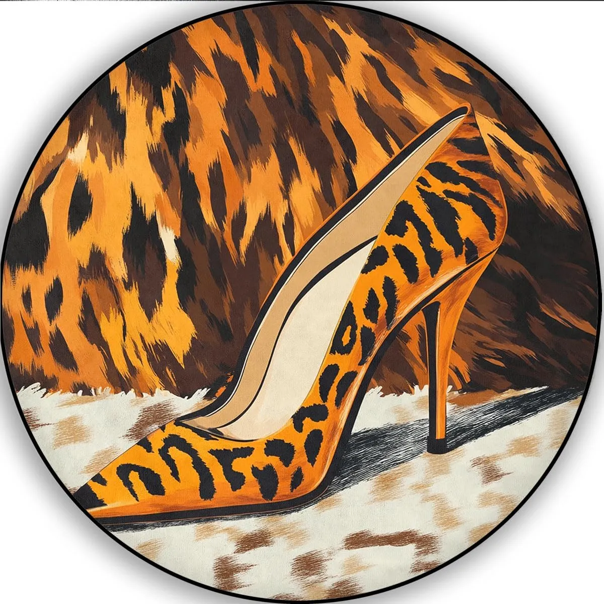Leopard Printed Collection Area Rug - 5'X5' Round, High-Heeled Shoes Pattern Design, Easy Care, Cowhide Carpet Ideal for High Traffic Areas in Living Room, Bedroom