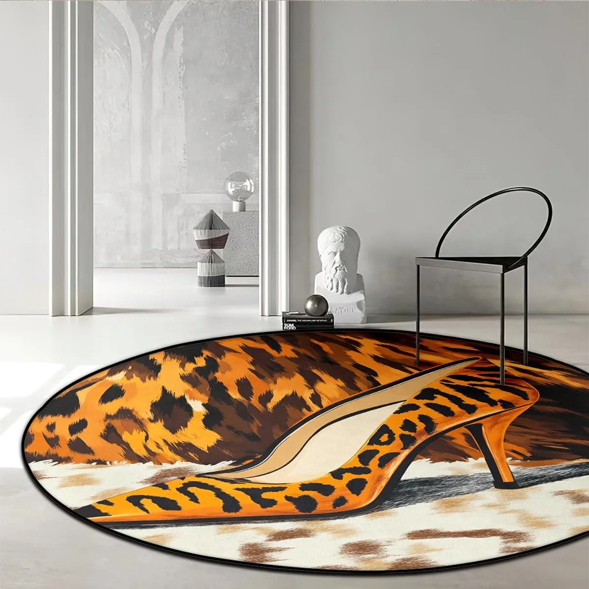 Leopard Printed Collection Area Rug - 5'X5' Round, High-Heeled Shoes Pattern Design, Easy Care, Cowhide Carpet Ideal for High Traffic Areas in Living Room, Bedroom