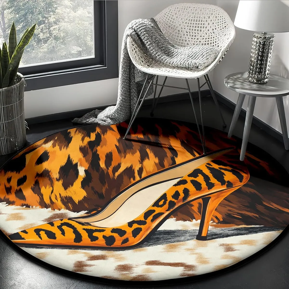 Leopard Printed Collection Area Rug - 5'X5' Round, High-Heeled Shoes Pattern Design, Easy Care, Cowhide Carpet Ideal for High Traffic Areas in Living Room, Bedroom