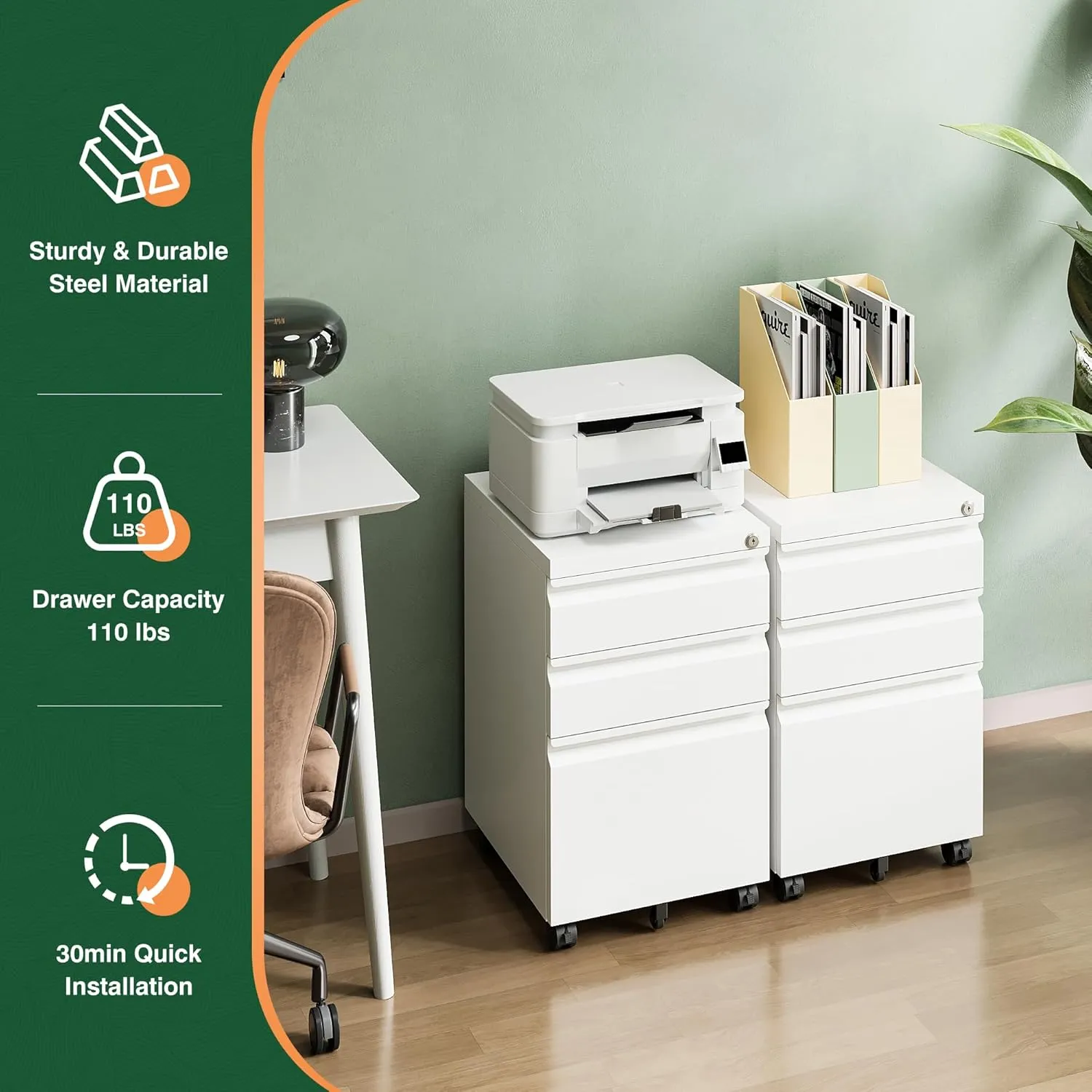 Letaya 3 Drawer Mobile File Cabinet with Lock, Under Desk Metal Filing Cabinets for Home Office Organizer Letters/Legal/A4(Fully Assembled-White)