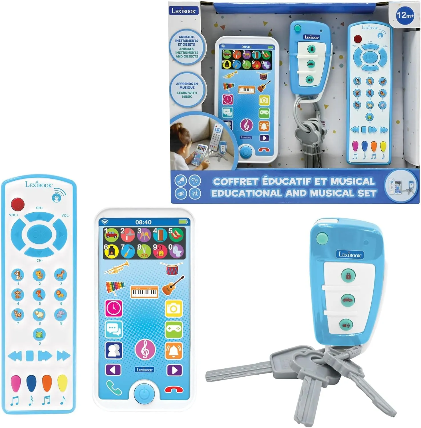 Lexibook, PS125 Educational and Musical Set with Telephone, Remote Control and Keychain, Imitation Game for Toddlers, Explore Animals, Musical Instruments and Everyday Objects