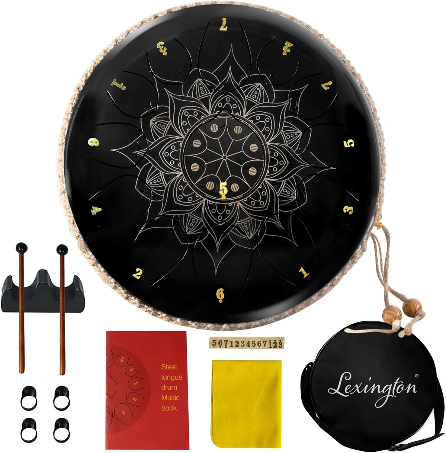 Lexington Steel Tongue Drum Kit C Major with Lotus Pattern, 13 Notes 12 Inches Percussion Instrument, Hand Pan Drums with Music Book, Drum Mallets and Carry Bag, Black