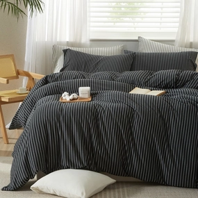 LIFETOWN Striped Duvet Cover Set 100% Jersey Knit Cotton T-Shirt Feel Bedding Set Ultra Soft Wrinkle-Free (Heathered Charcoal White Stripes, King)