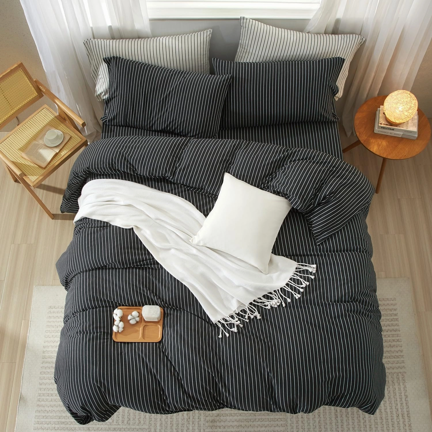 LIFETOWN Striped Duvet Cover Set 100% Jersey Knit Cotton T-Shirt Feel Bedding Set Ultra Soft Wrinkle-Free (Heathered Charcoal White Stripes, King)