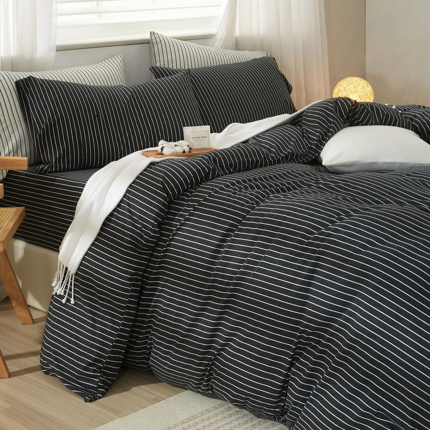 LIFETOWN Striped Duvet Cover Set 100% Jersey Knit Cotton T-Shirt Feel Bedding Set Ultra Soft Wrinkle-Free (Heathered Charcoal White Stripes, King)