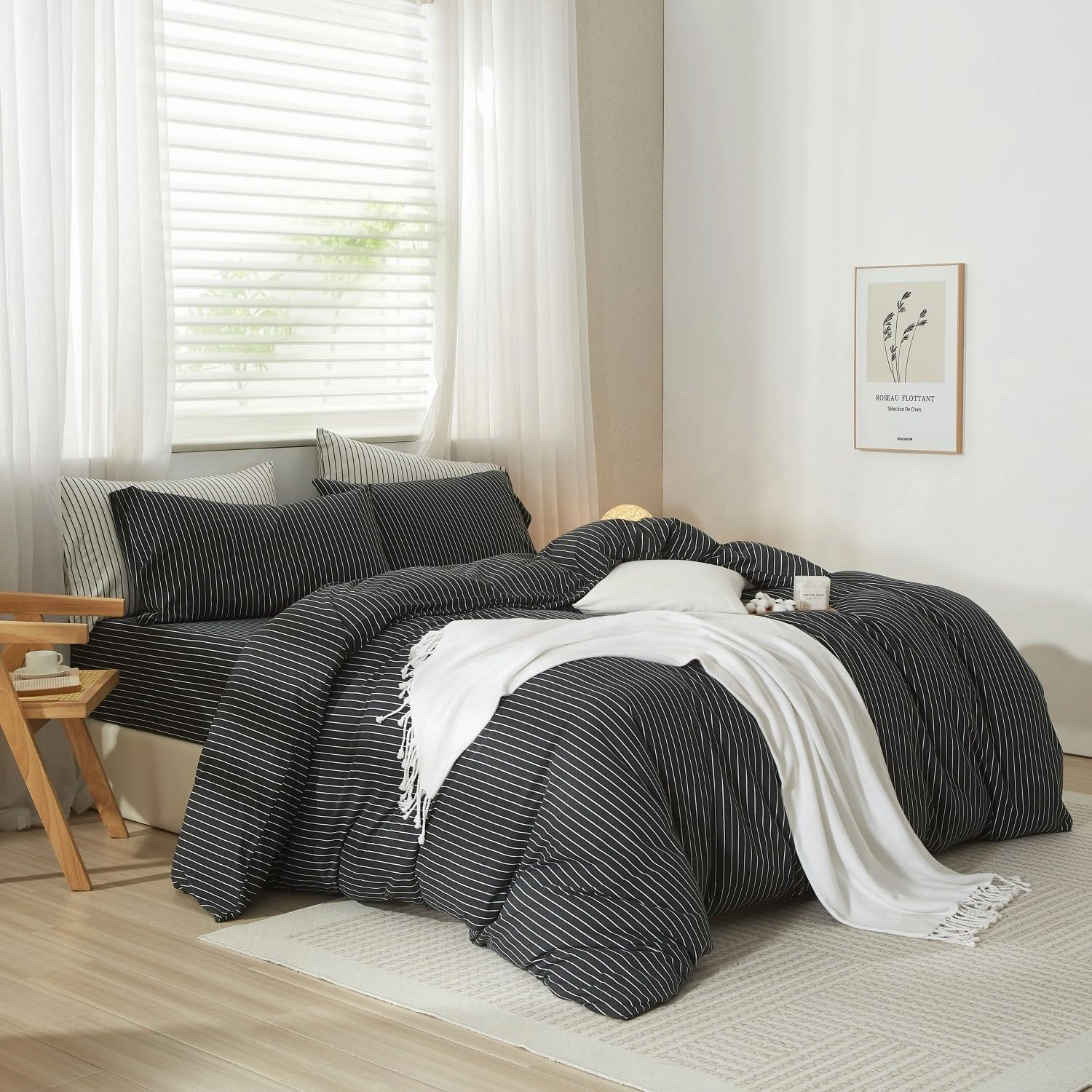 LIFETOWN Striped Duvet Cover Set 100% Jersey Knit Cotton T-Shirt Feel Bedding Set Ultra Soft Wrinkle-Free (Heathered Charcoal White Stripes, King)