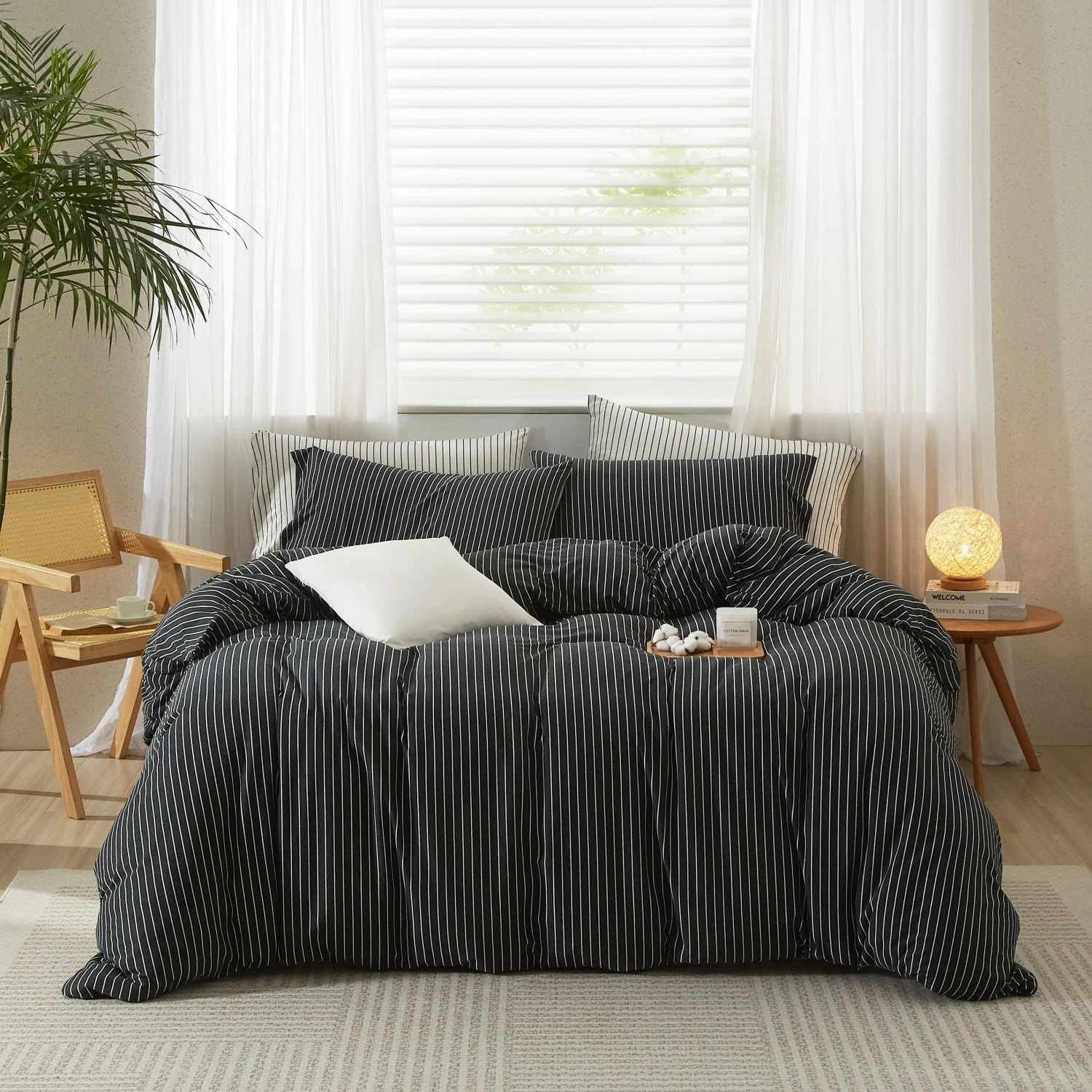 LIFETOWN Striped Duvet Cover Set 100% Jersey Knit Cotton T-Shirt Feel Bedding Set Ultra Soft Wrinkle-Free (Heathered Charcoal White Stripes, King)