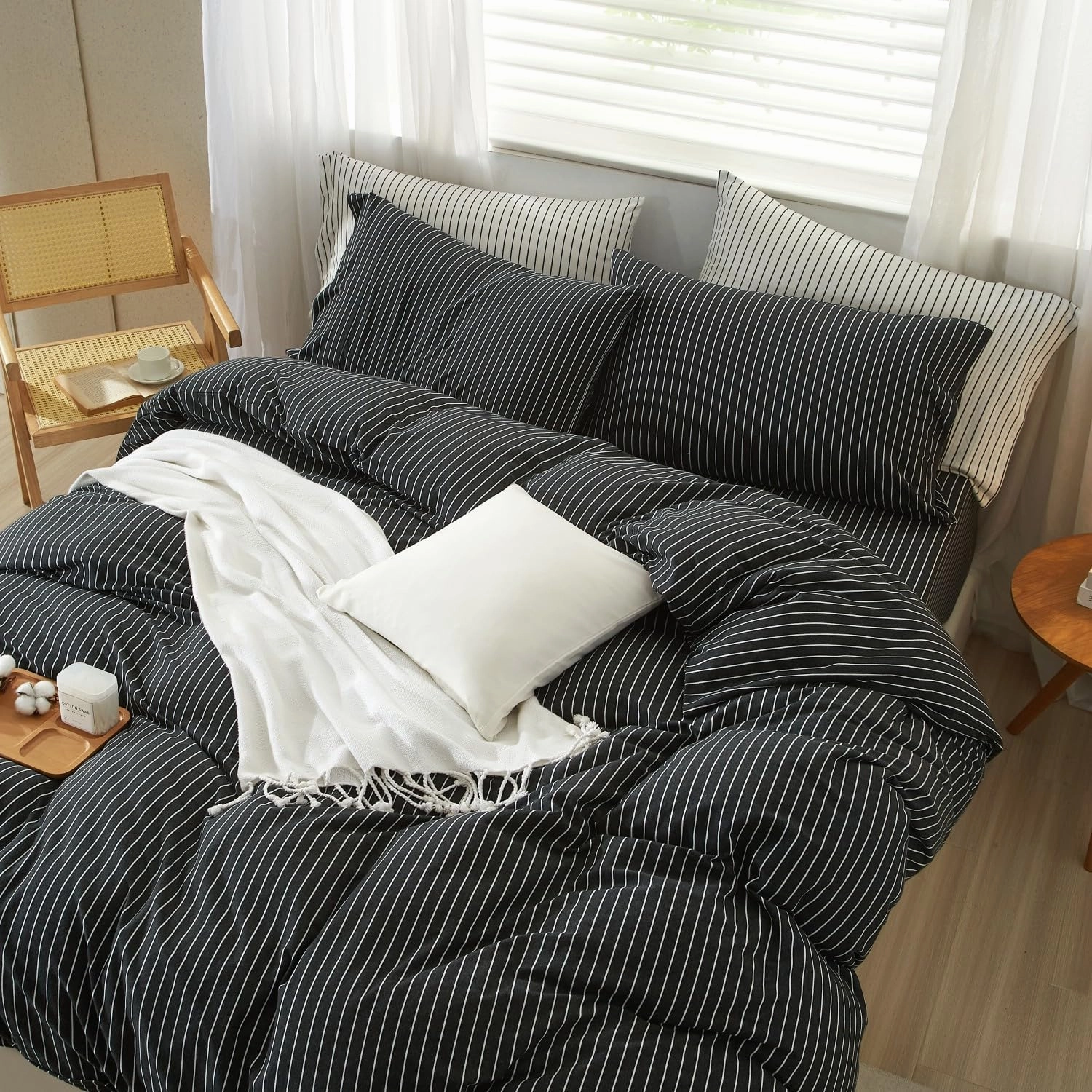 LIFETOWN Striped Duvet Cover Set 100% Jersey Knit Cotton T-Shirt Feel Bedding Set Ultra Soft Wrinkle-Free (Heathered Charcoal White Stripes, King)