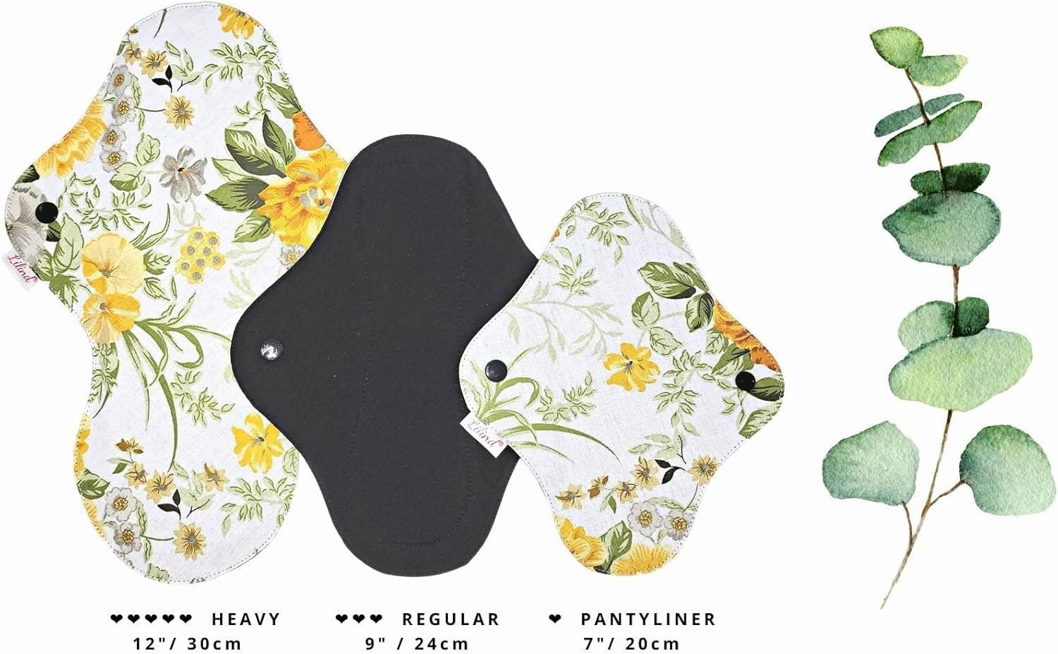 Lilind® 6 Pack Black Cloth Pads, Overnight 12 inch 100% Cotton Reusable Menstrual Sanitary Napkins, Free Wet bag, Complete set, Zero waste