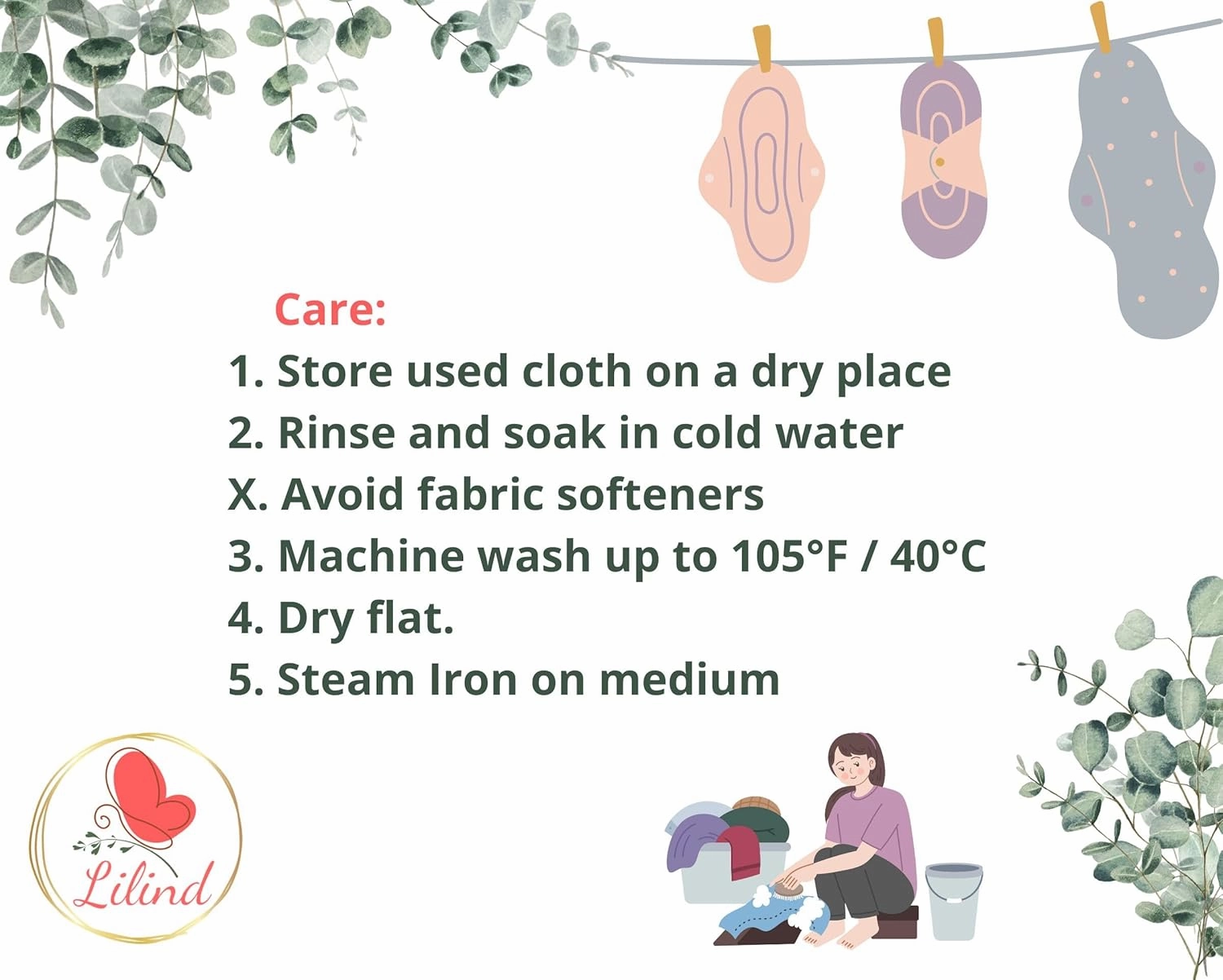 Lilind® 6 Pack Black Cloth Pads, Overnight 12 inch 100% Cotton Reusable Menstrual Sanitary Napkins, Free Wet bag, Complete set, Zero waste