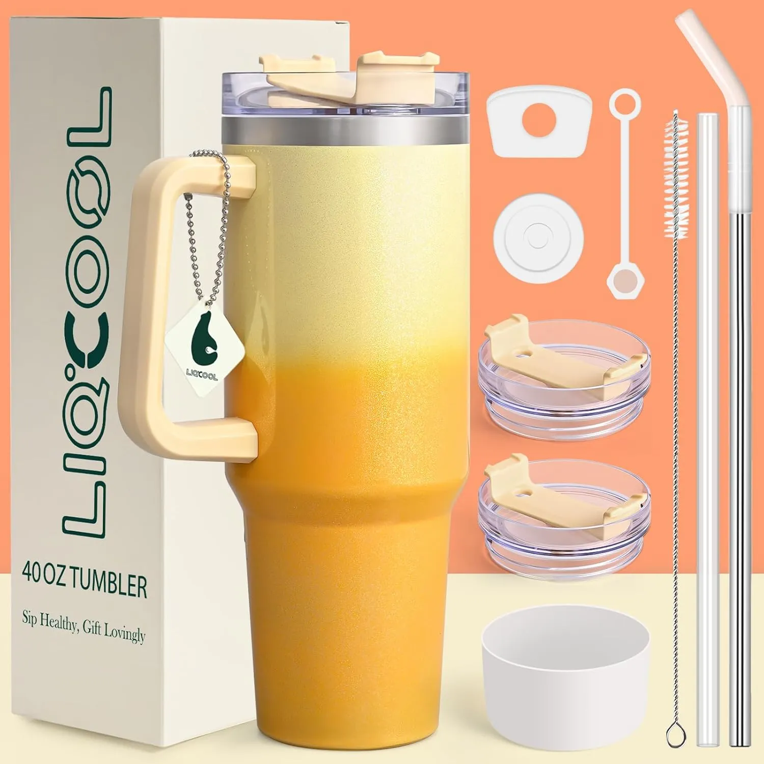 LiqCool 40 Oz Tumbler with Handle 2 Straws and 2 Lids, Silicone Boot & Leakproof Spill Stopper Set, Stainless Steel Vacuum Insulated Tumbler, Keep Drinks Cold 26H, Cupholder Friendly(Vibrant)