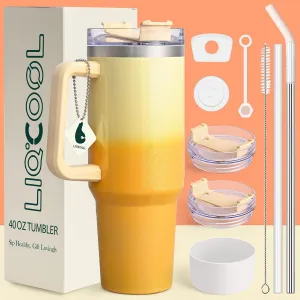 LiqCool 40 Oz Tumbler with Handle 2 Straws and 2 Lids, Silicone Boot & Leakproof Spill Stopper Set, Stainless Steel Vacuum Insulated Tumbler, Keep Drinks Cold 26H, Cupholder Friendly(Vibrant)