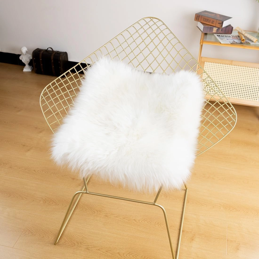 LLB Sheepskin Chair Cushion Non-Slip Back Square Genuine Fur Chair Cover Silky Natural Wool Seat Cushion Pad Soft Area Rugs Carpet for Home Office Restaurant Chair 18x18 Inch (Pack of 1), Ivory White