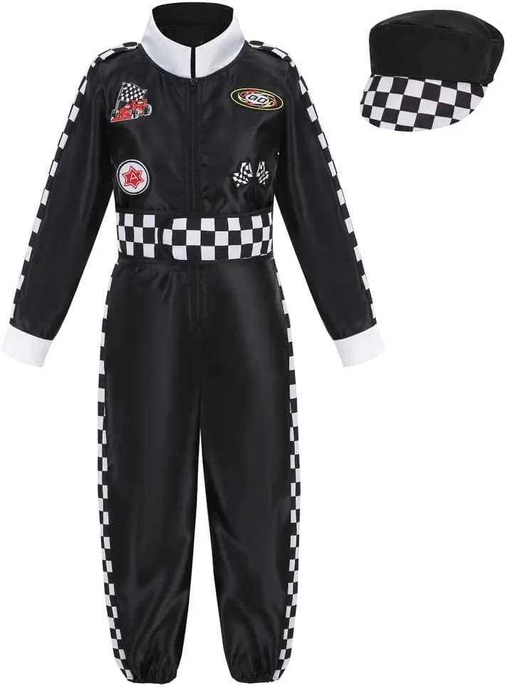 LMYOVE Kids Race Car Driver Costume Boys Girls Racing Halloween Play Role Dress Up Racer Jumpsuit and car cap Toddler 3-10Y
