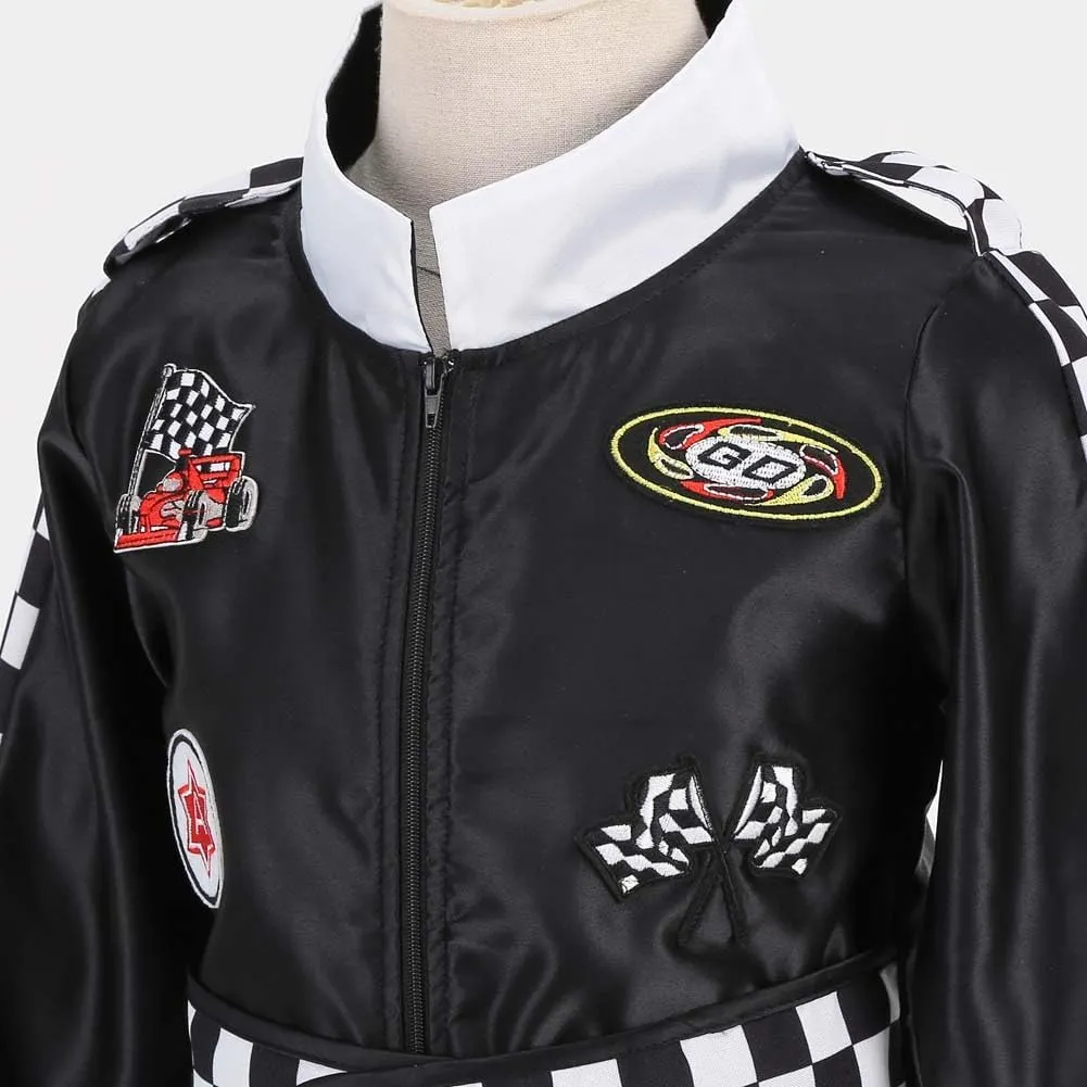LMYOVE Kids Race Car Driver Costume Boys Girls Racing Halloween Play Role Dress Up Racer Jumpsuit and car cap Toddler 3-10Y