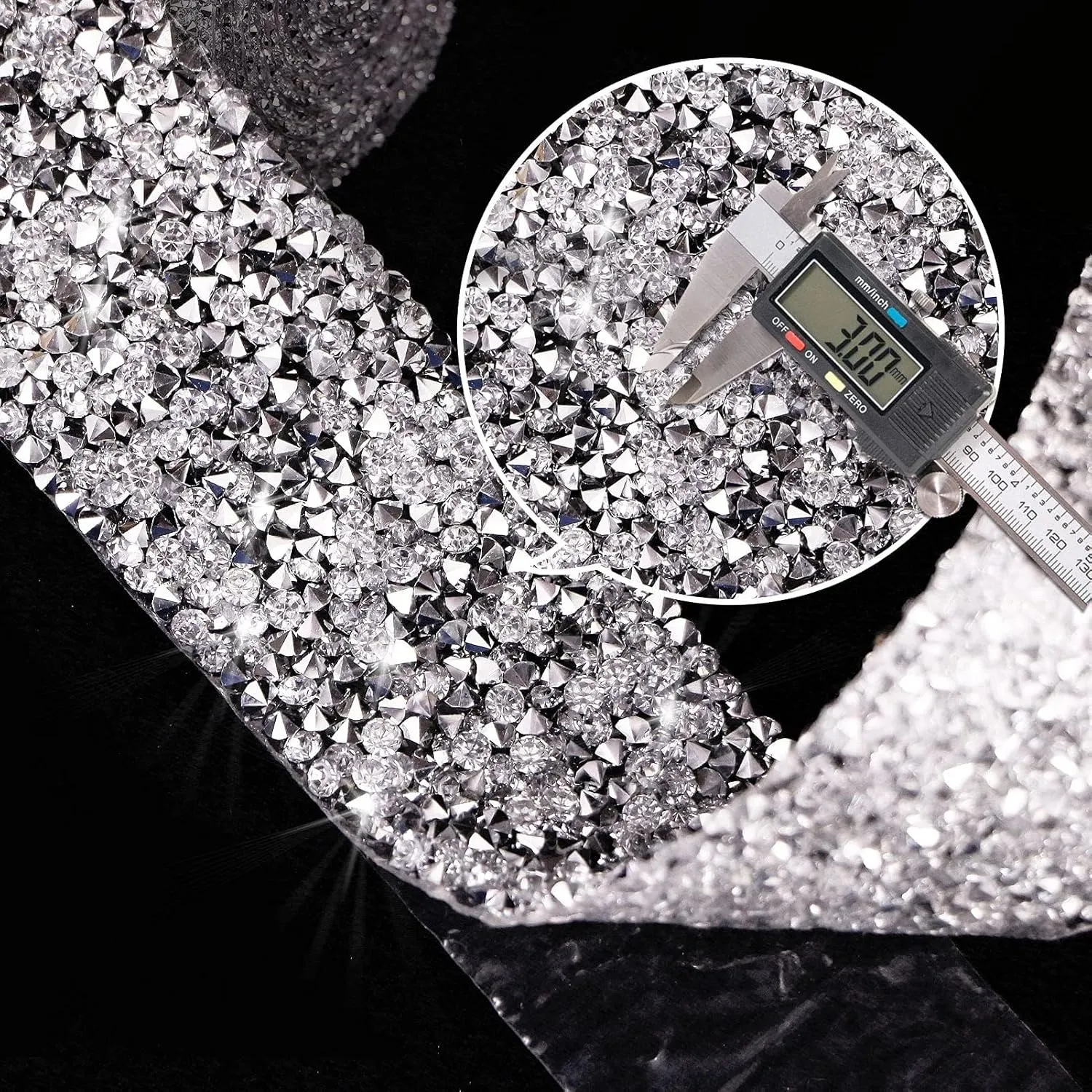 Locacrystal Bling Crystal Rhinestone Ribbon Self-Adhesive Iron on Resin Diamond Ribbon Wrap Roll DIY Bling Stickers for Wedding Clothing Cars Crafts Dress Decoration（Silver,1.18inch x 3yard）