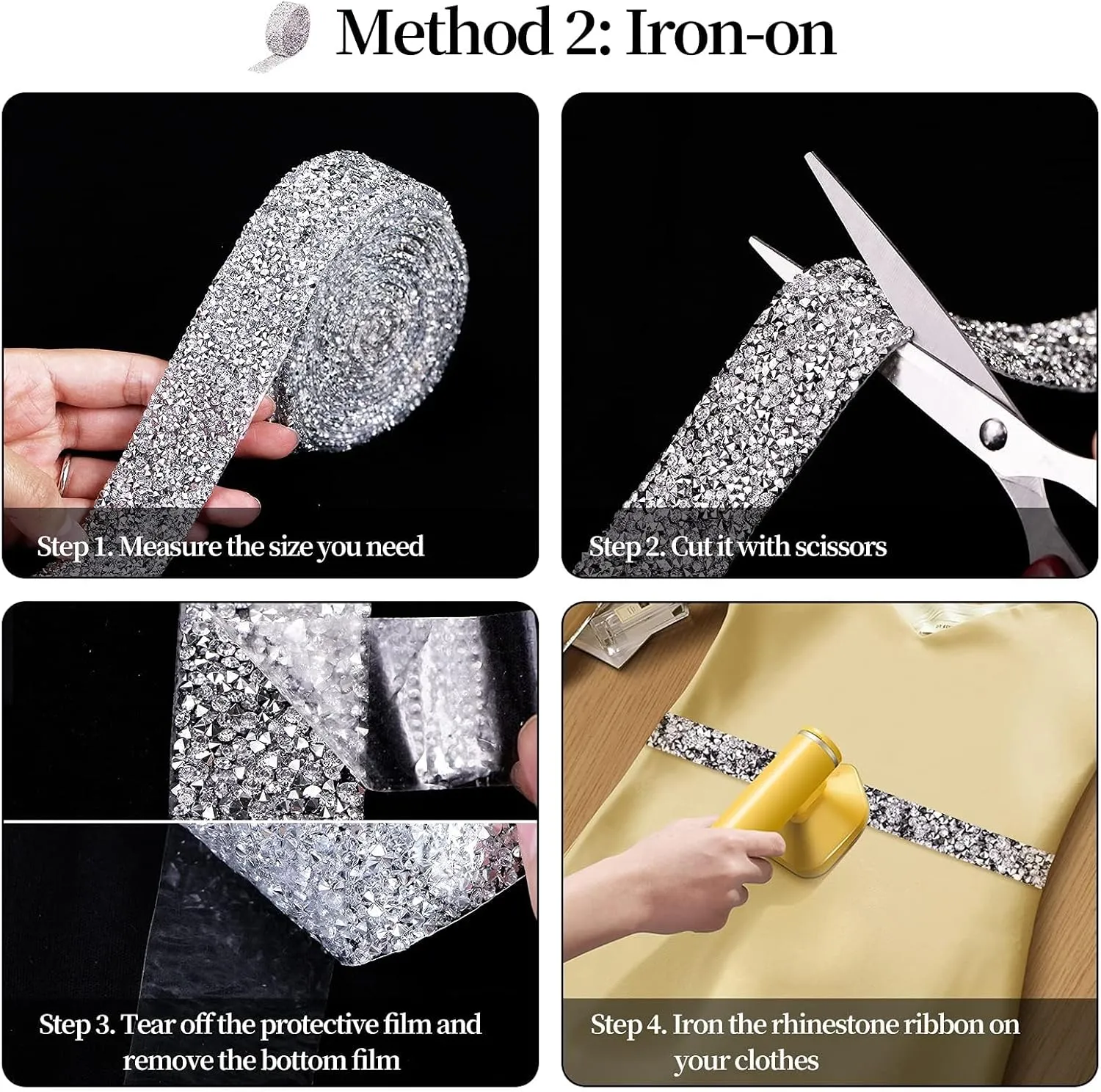 Locacrystal Bling Crystal Rhinestone Ribbon Self-Adhesive Iron on Resin Diamond Ribbon Wrap Roll DIY Bling Stickers for Wedding Clothing Cars Crafts Dress Decoration（Silver,1.18inch x 3yard）