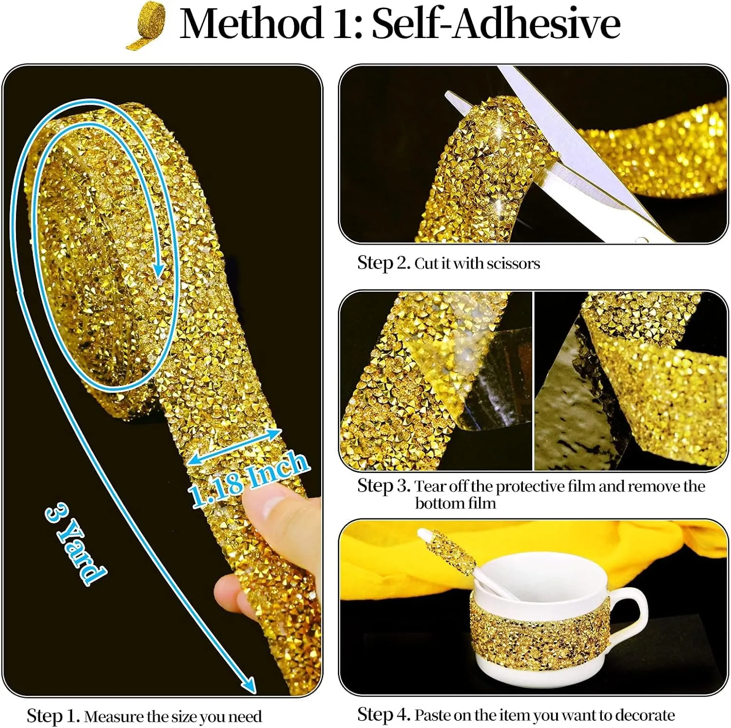 Locacrystal Bling Rhinestones Ribbon Self-Adhesive Iron on Resin Diamond Crystal Ribbon Wrap Roll DIY Rhinestone Stickers for Wedding Clothing Cars Crafts Dress Decoration（Gold,1.18inch x 3yard）
