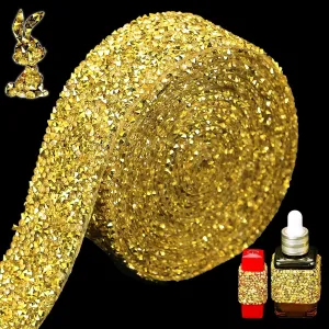 Locacrystal Bling Rhinestones Ribbon Self-Adhesive Iron on Resin Diamond Crystal Ribbon Wrap Roll DIY Rhinestone Stickers for Wedding Clothing Cars Crafts Dress Decoration（Gold,1.18inch x 3yard）
