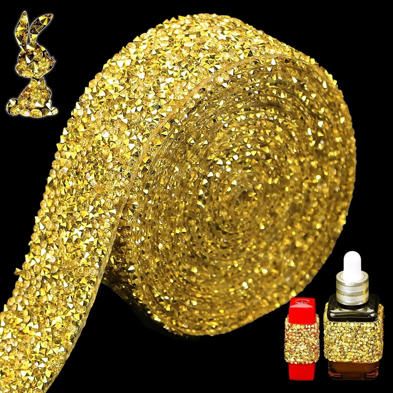 Locacrystal Bling Rhinestones Ribbon Self-Adhesive Iron on Resin Diamond Crystal Ribbon Wrap Roll DIY Rhinestone Stickers for Wedding Clothing Cars Crafts Dress Decoration（Gold,1.18inch x 3yard）