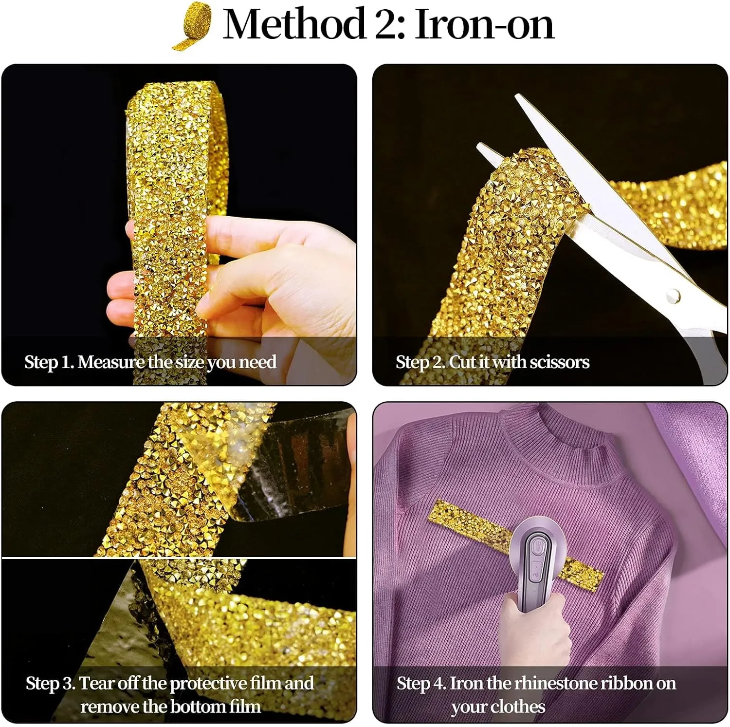 Locacrystal Bling Rhinestones Ribbon Self-Adhesive Iron on Resin Diamond Crystal Ribbon Wrap Roll DIY Rhinestone Stickers for Wedding Clothing Cars Crafts Dress Decoration（Gold,1.18inch x 3yard）