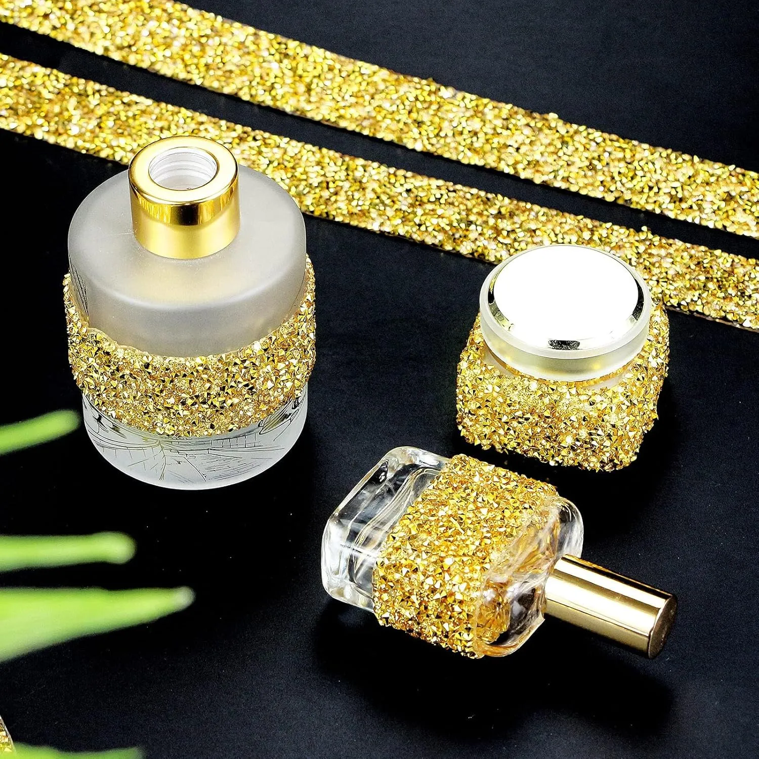 Locacrystal Bling Rhinestones Ribbon Self-Adhesive Iron on Resin Diamond Crystal Ribbon Wrap Roll DIY Rhinestone Stickers for Wedding Clothing Cars Crafts Dress Decoration（Gold,1.18inch x 3yard）