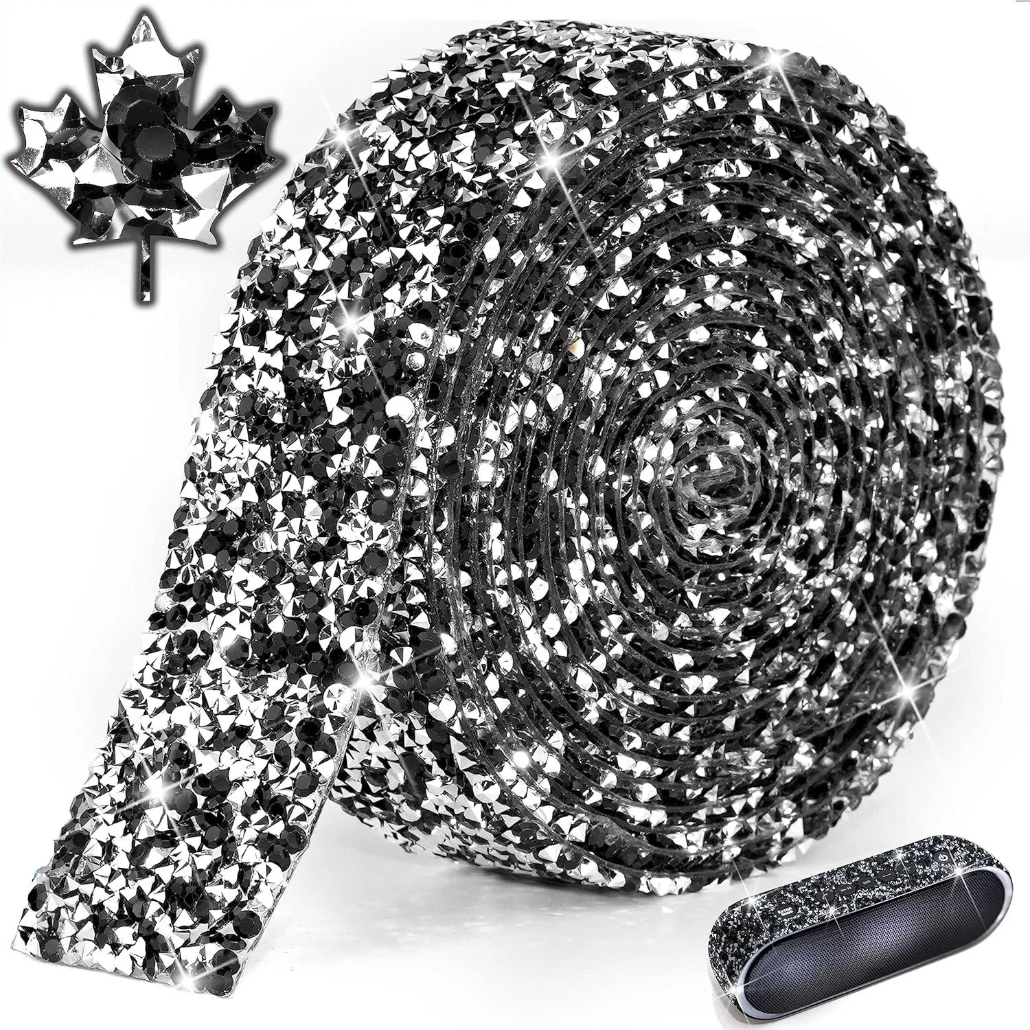 Locacrystal Bling Rhinestones Ribbon Self-Adhesive Iron on Resin Diamond Crystal Ribbon Wrap Roll DIY Stickers for Wedding Clothing Cars Crafts Dress Decoration(Sliver Black,1.18inch x 3yard)