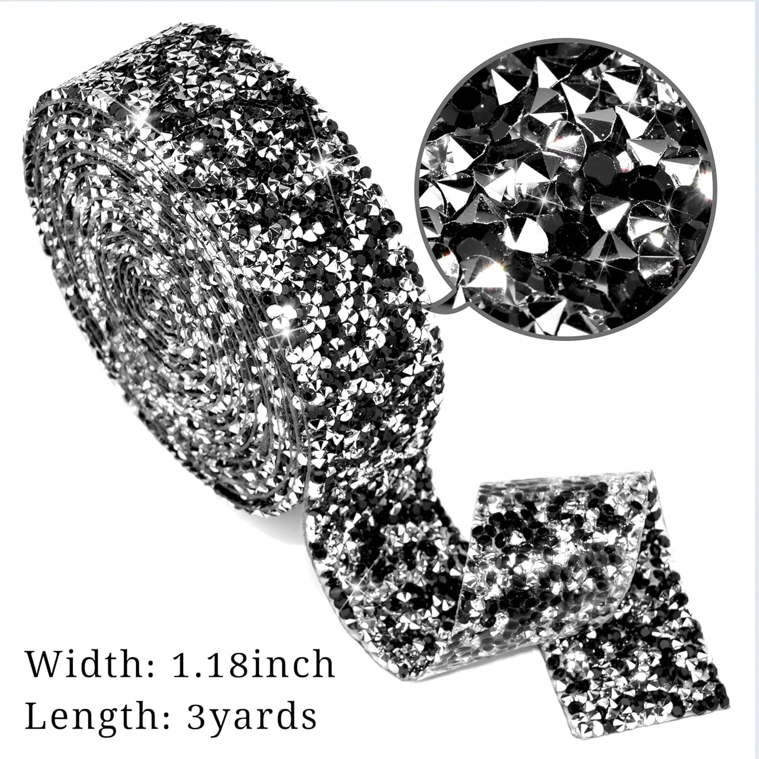 Locacrystal Bling Rhinestones Ribbon Self-Adhesive Iron on Resin Diamond Crystal Ribbon Wrap Roll DIY Stickers for Wedding Clothing Cars Crafts Dress Decoration(Sliver Black,1.18inch x 3yard)