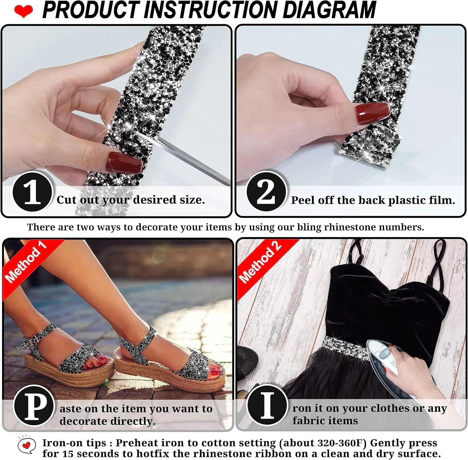 Locacrystal Bling Rhinestones Ribbon Self-Adhesive Iron on Resin Diamond Crystal Ribbon Wrap Roll DIY Stickers for Wedding Clothing Cars Crafts Dress Decoration(Sliver Black,1.18inch x 3yard)
