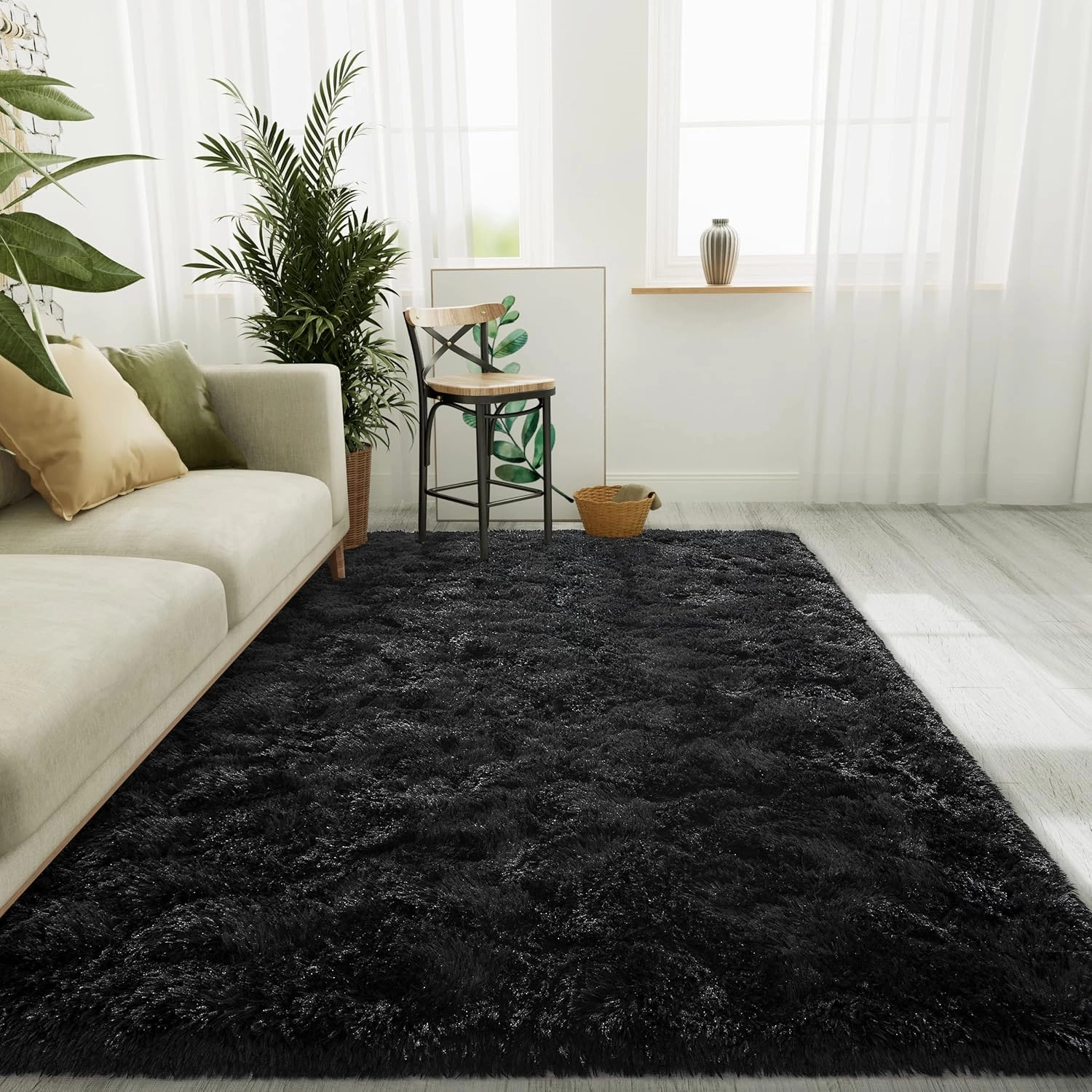 LOCHAS Ultra Soft Indoor Modern Area Rugs Fluffy Living Room Carpets for Children Bedroom Home Decor Nursery Rug 4x5.3 Feet, Black