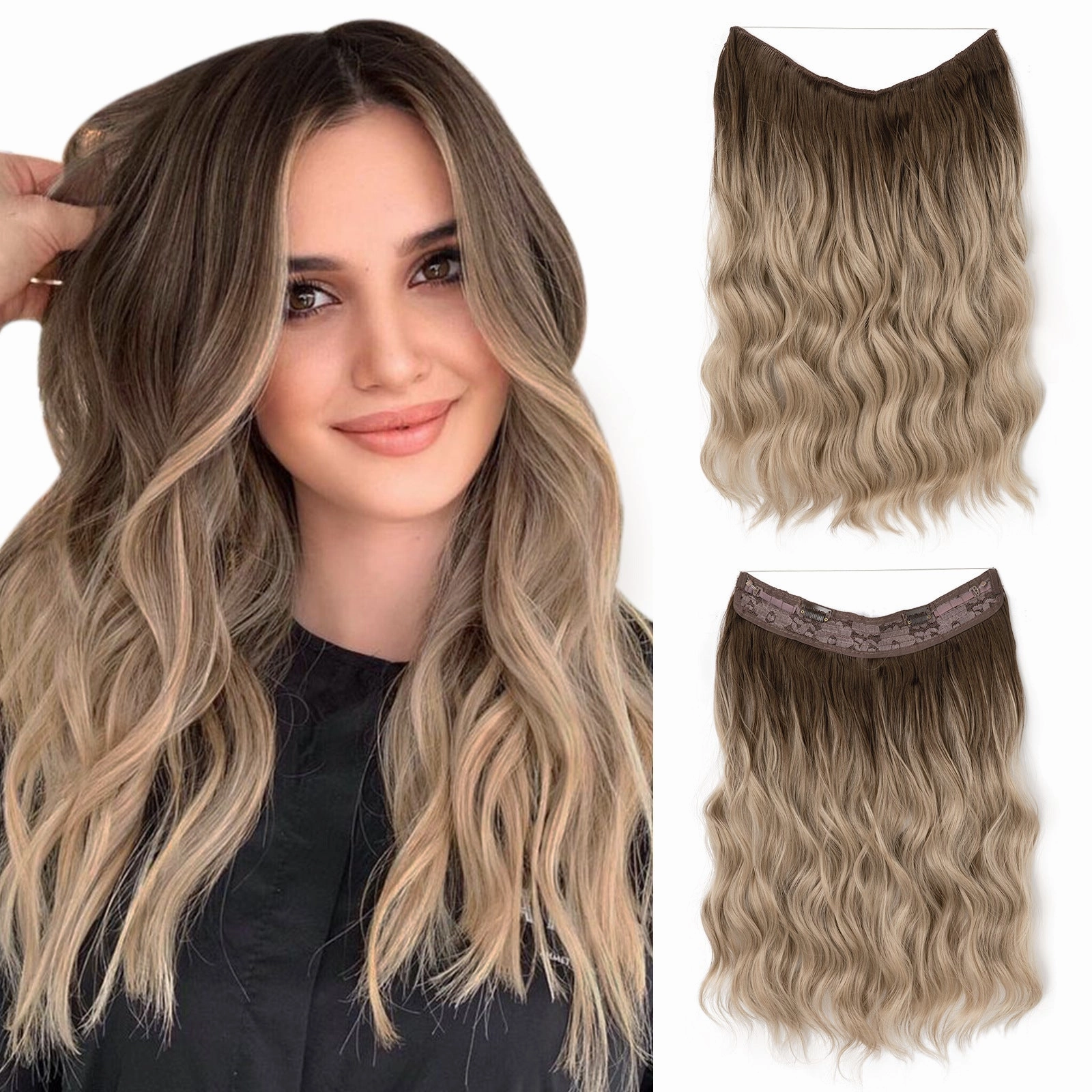 Long Wave Curly Fluffy Wigs One Piece Fishing Line 20inch Hair Extensions