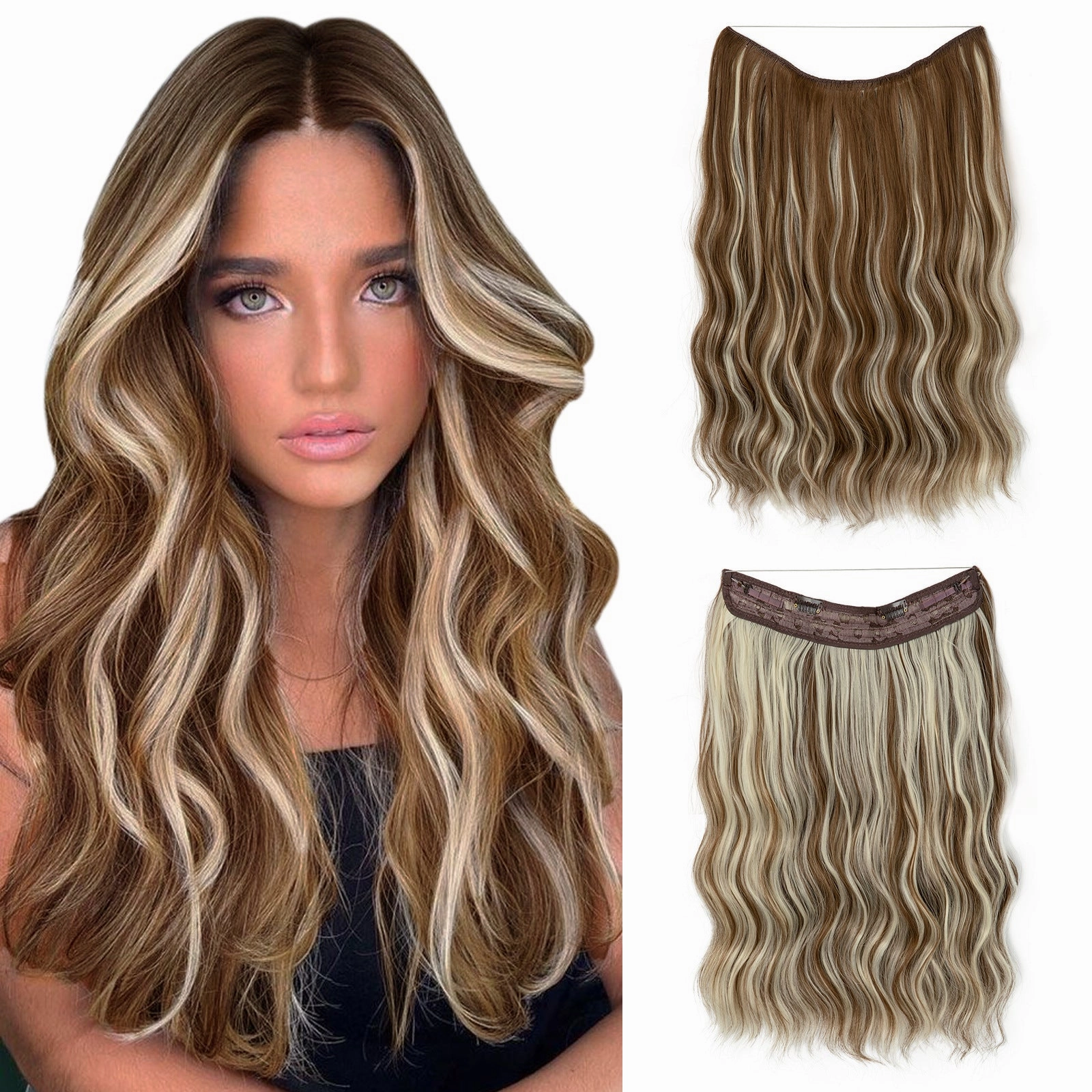 Long Wave Curly Fluffy Wigs One Piece Fishing Line 20inch Hair Extensions