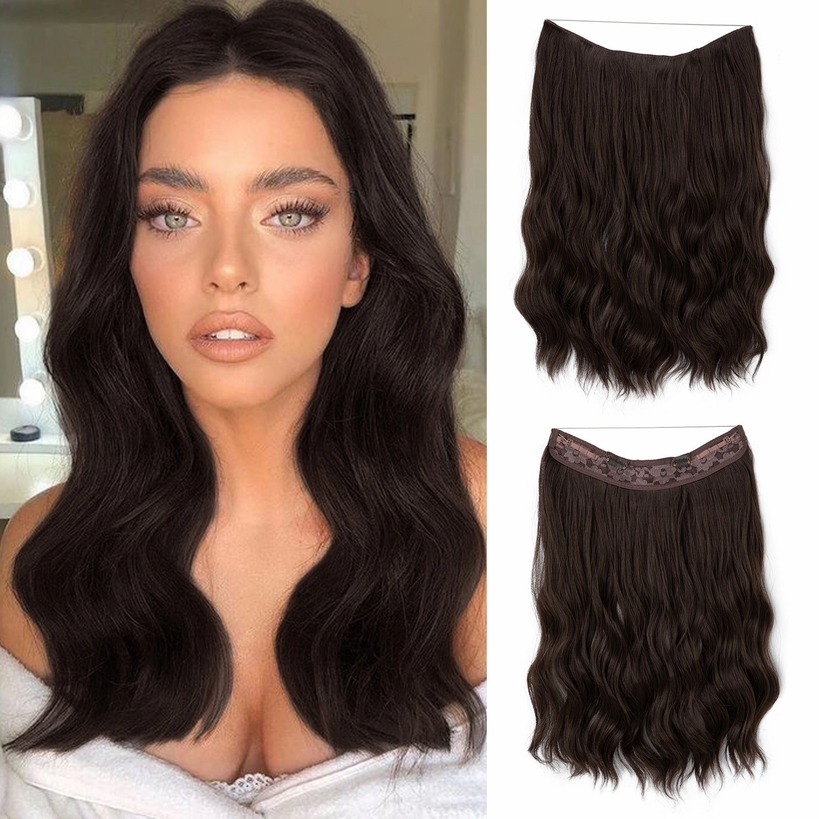 Long Wave Curly Fluffy Wigs One Piece Fishing Line 20inch Hair Extensions
