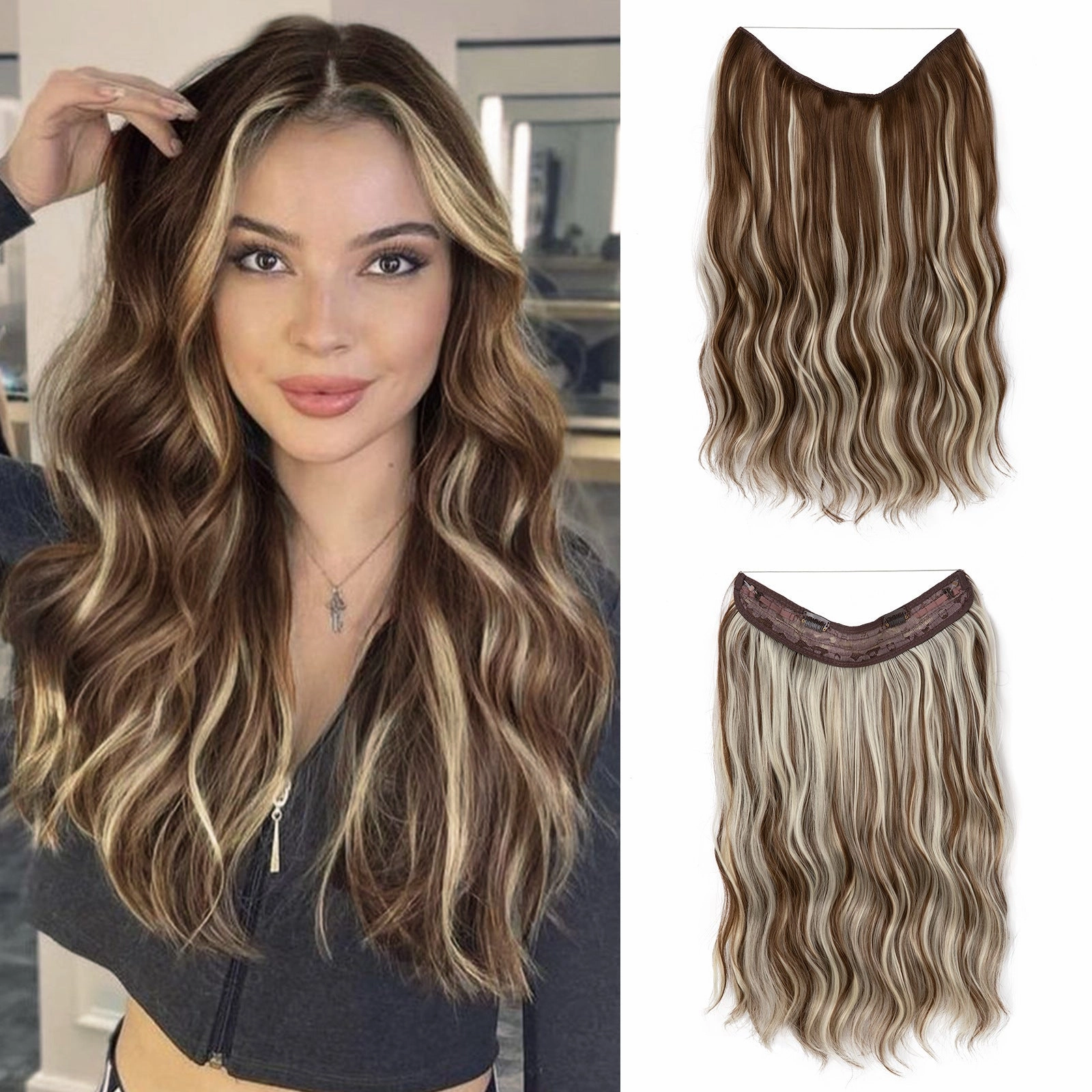 Long Wave Curly Fluffy Wigs One Piece Fishing Line 20inch Hair Extensions