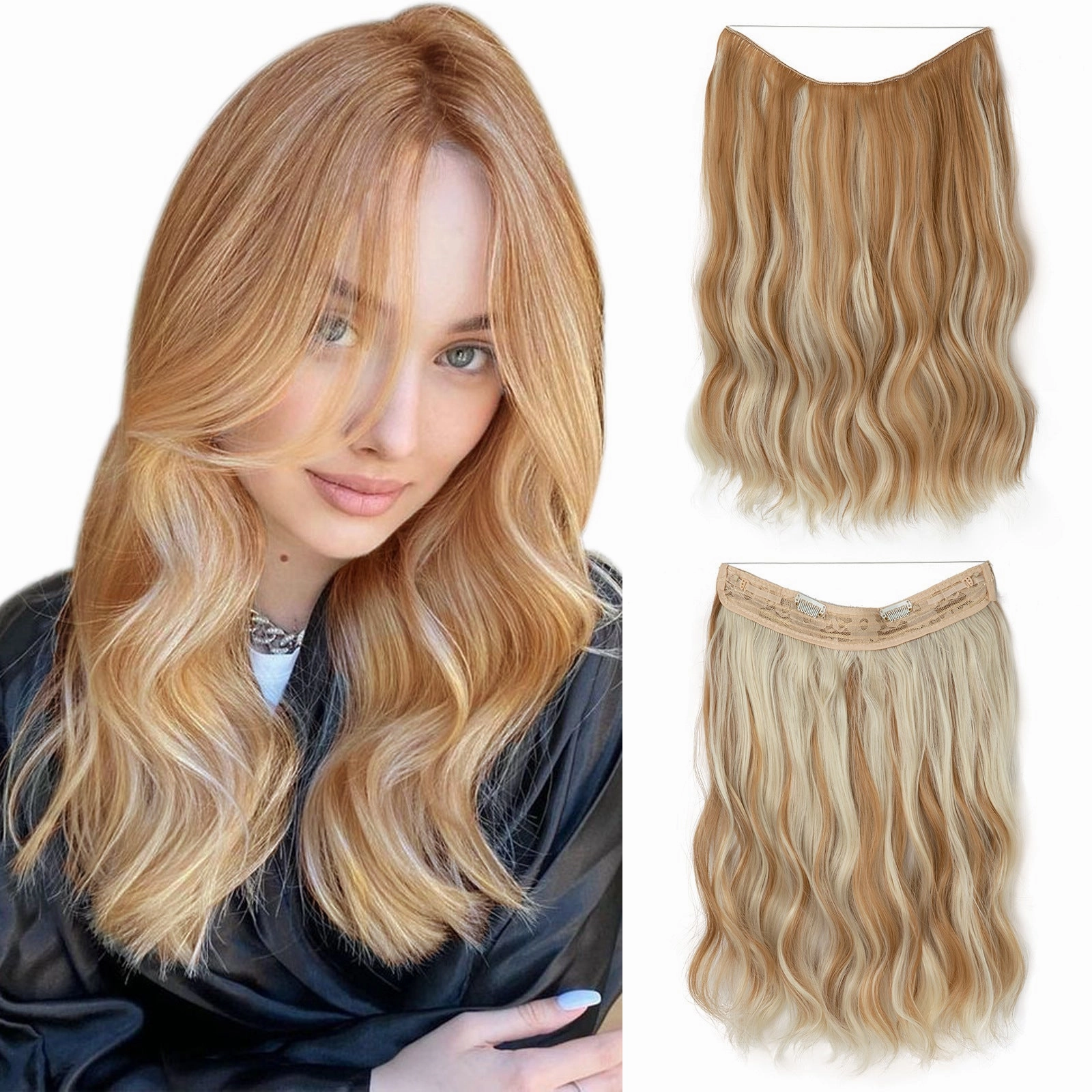 Long Wave Curly Fluffy Wigs One Piece Fishing Line 20inch Hair Extensions