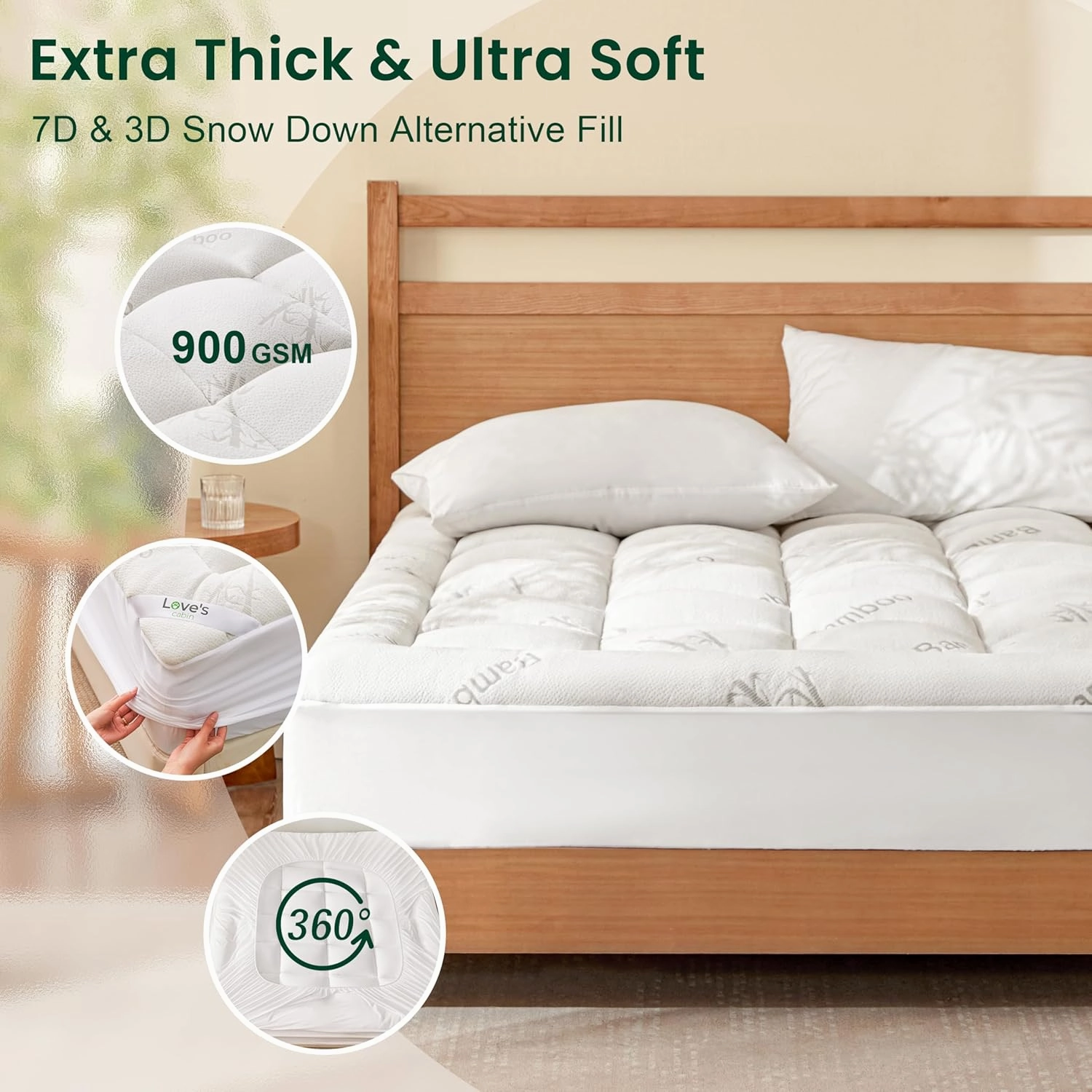 Love's cabin Queen Mattress Topper, Rayon Derived from Bamboo, 900 GSM Breathable Mattress Topper Pad, Thick Pillow Top Mattress Pad with Stretches up 8"-20" Deep Pocket(60"x80")