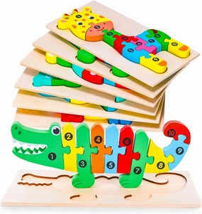 LovesTown Animal Wooden Puzzle for Toddlers, Learning Jigsaw Alphabet and Number Blocks Educational Toy