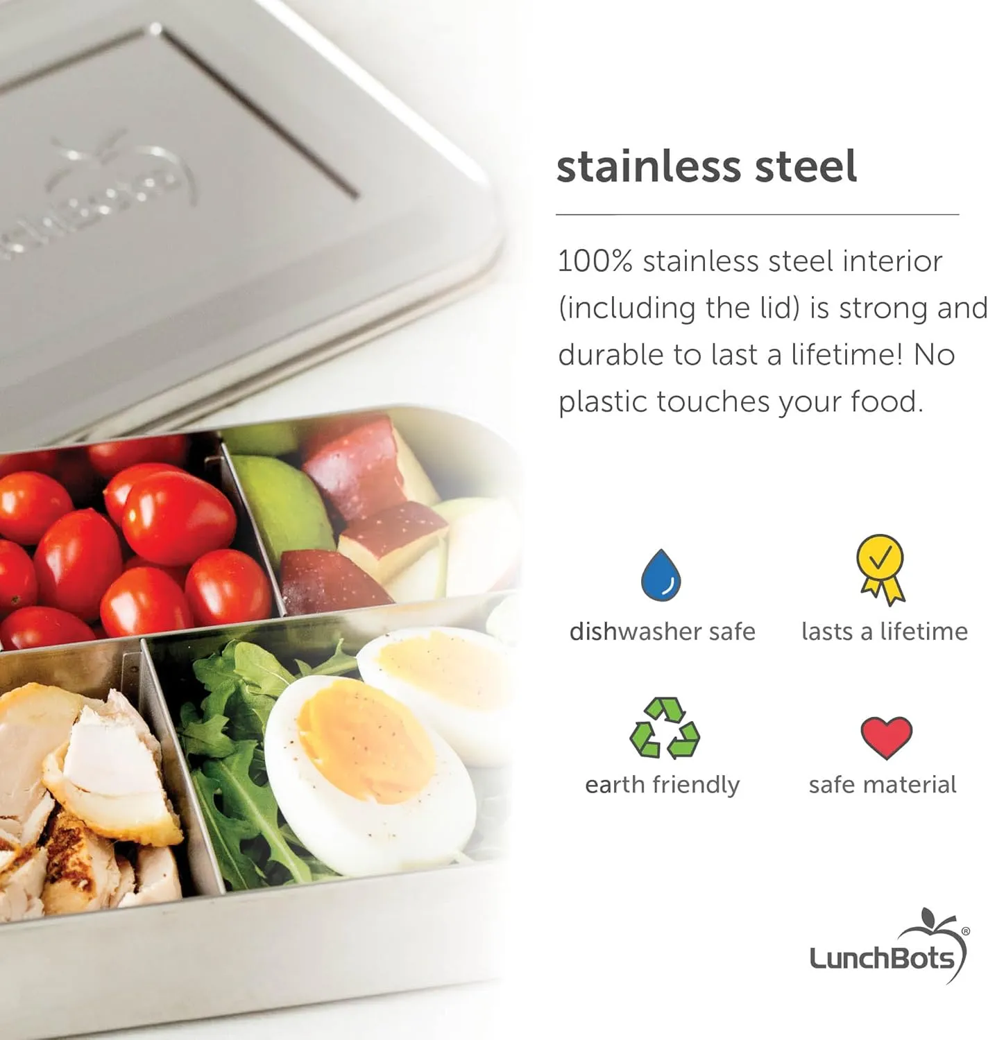 LunchBots Large Trio Stainless Steel Lunch Container -Three Section Design for Sandwich and Two Sides - Metal Bento Lunch Box - Eco-Friendly - Stainless Lid - Aqua Dots