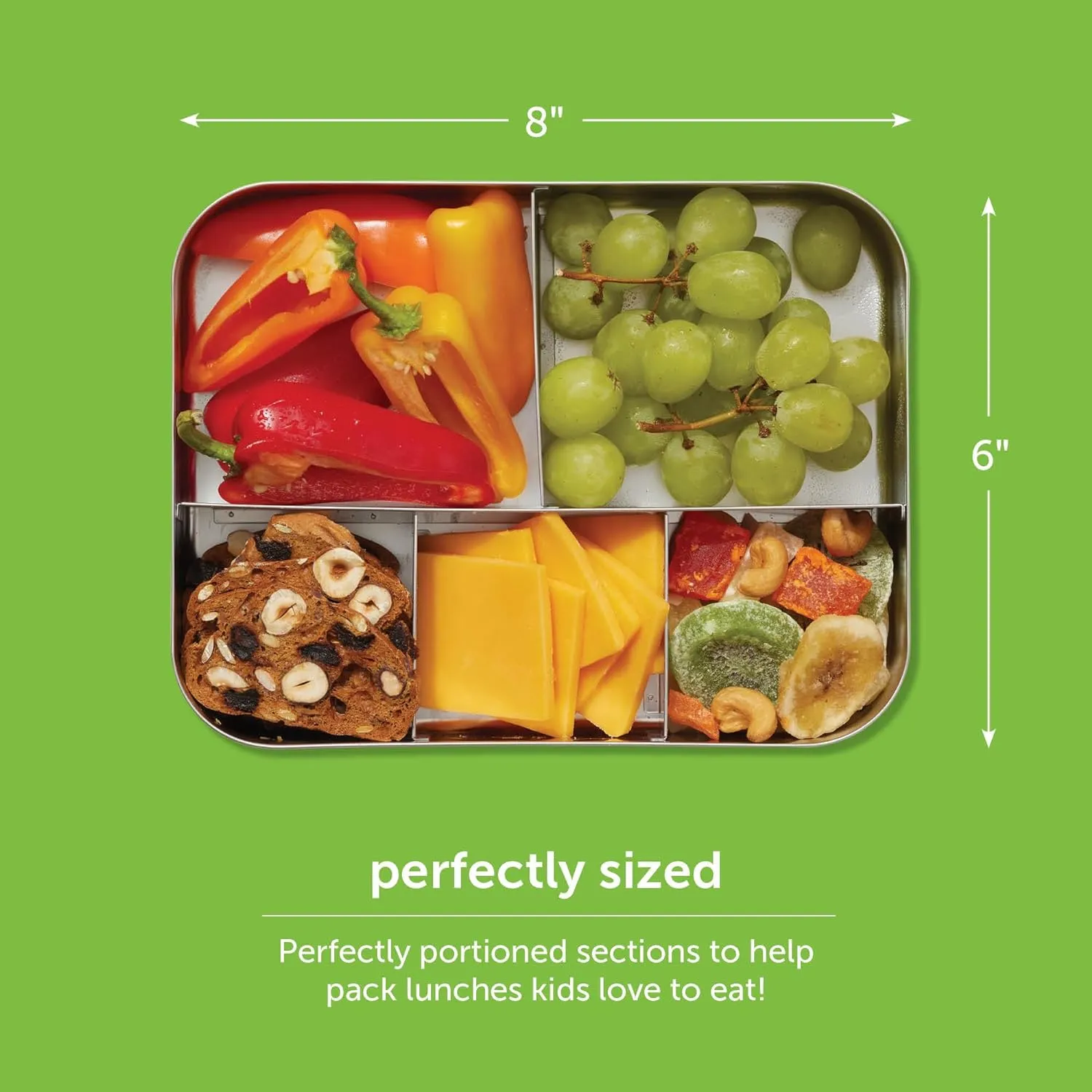 LunchBots Large Trio Stainless Steel Lunch Container -Three Section Design for Sandwich and Two Sides - Metal Bento Lunch Box - Eco-Friendly - Stainless Lid - Aqua Dots