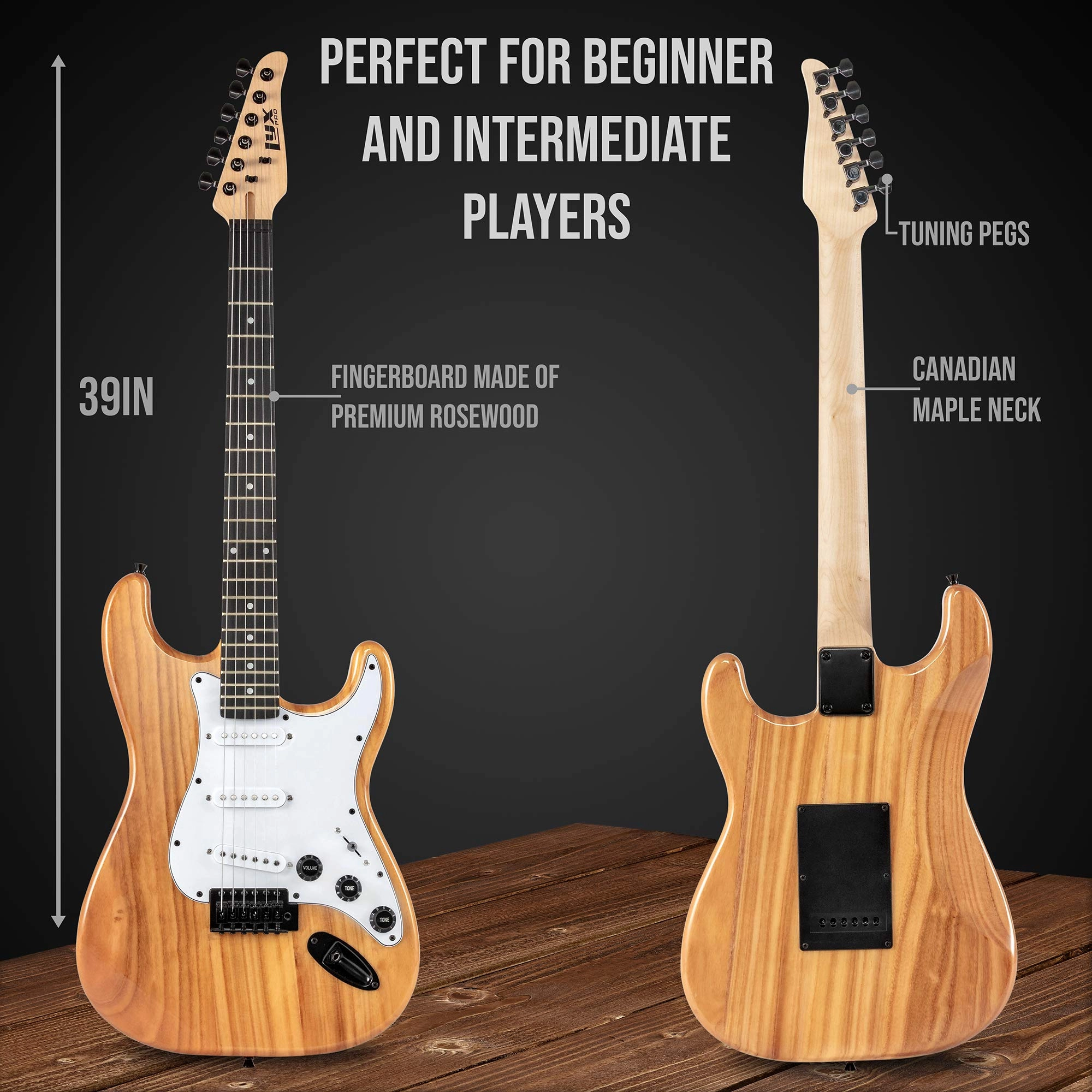 LyxPro Electric Guitar 39" inch Full Beginner Starter kit Full Size with 20w Amp, Package Includes All Accessories, Digital Tuner, Strings, Picks, Tremolo Bar, Shoulder Strap, and Case Bag - Natural