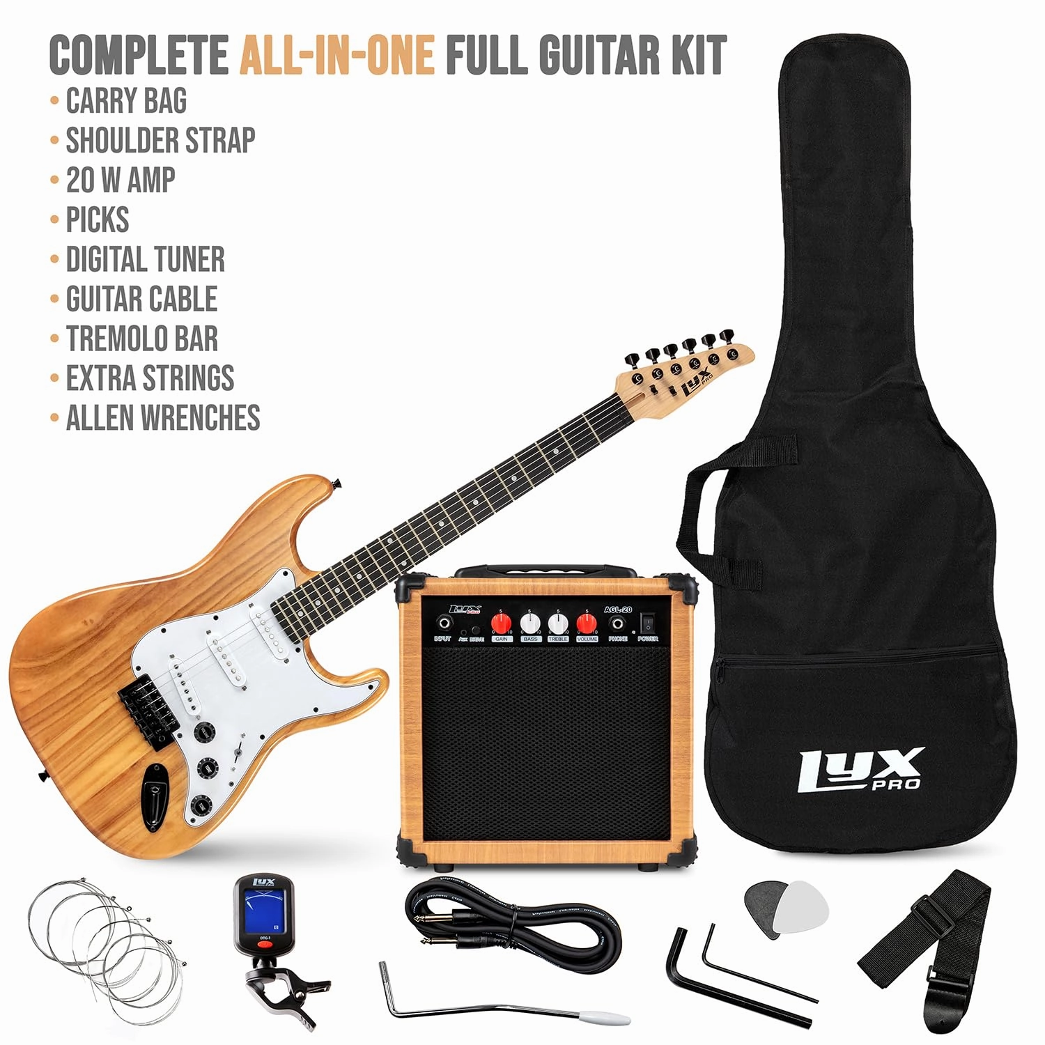 LyxPro Electric Guitar 39" inch Full Beginner Starter kit Full Size with 20w Amp, Package Includes All Accessories, Digital Tuner, Strings, Picks, Tremolo Bar, Shoulder Strap, and Case Bag - Natural
