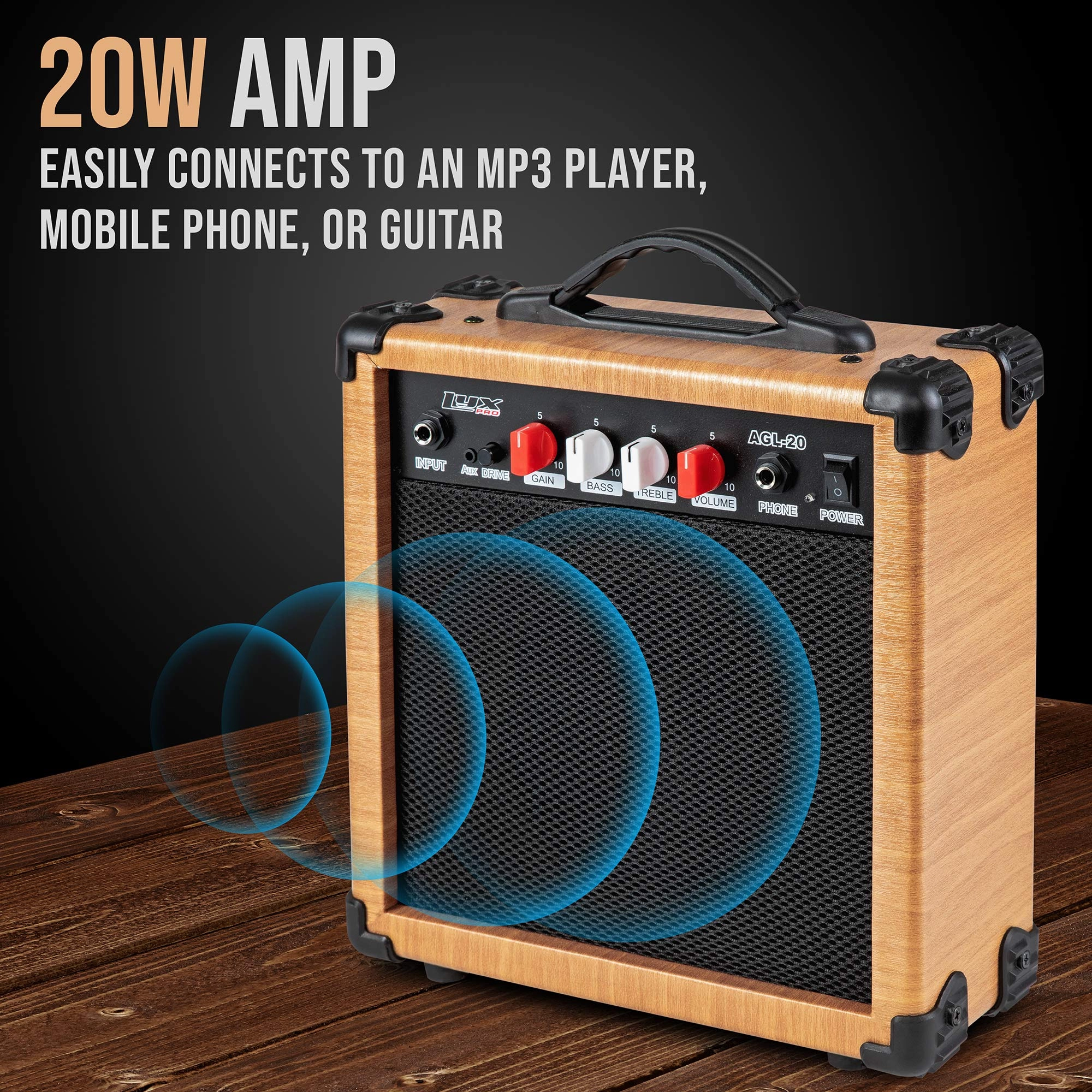 LyxPro Electric Guitar 39" inch Full Beginner Starter kit Full Size with 20w Amp, Package Includes All Accessories, Digital Tuner, Strings, Picks, Tremolo Bar, Shoulder Strap, and Case Bag - Natural