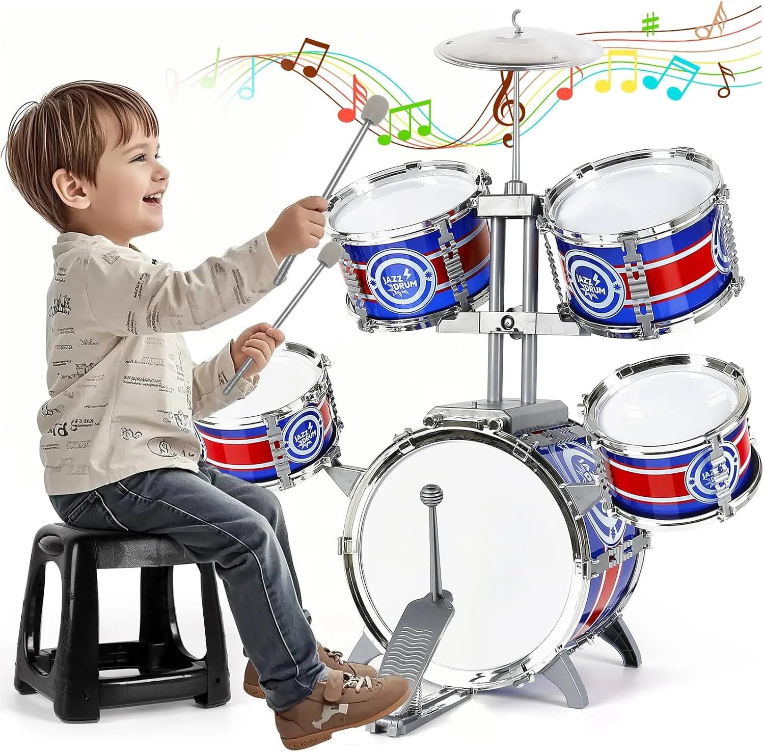 M SANMERSEN Drum Set for Toddlers, Kids Drum Set with Stool, Upgraded Plastic Rock Jazz Drum Kit Musical Instruments Toys Gift for 2-6 Years Old Boys Girls