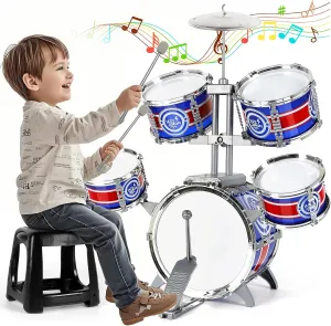 M SANMERSEN Drum Set for Toddlers, Kids Drum Set with Stool, Upgraded Plastic Rock Jazz Drum Kit Musical Instruments Toys Gift for 2-6 Years Old Boys Girls