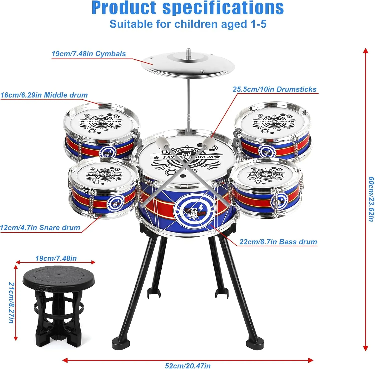 M SANMERSEN Toddler Drum Set, 8-Piece Musical Toy for Kids Ages 3–4, Stable 4-Leg Design, Beginner Percussion Kit Gift (Blue)