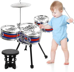 M SANMERSEN Toddler Drum Set, 8-Piece Musical Toy for Kids Ages 3–4, Stable 4-Leg Design, Beginner Percussion Kit Gift (Blue)